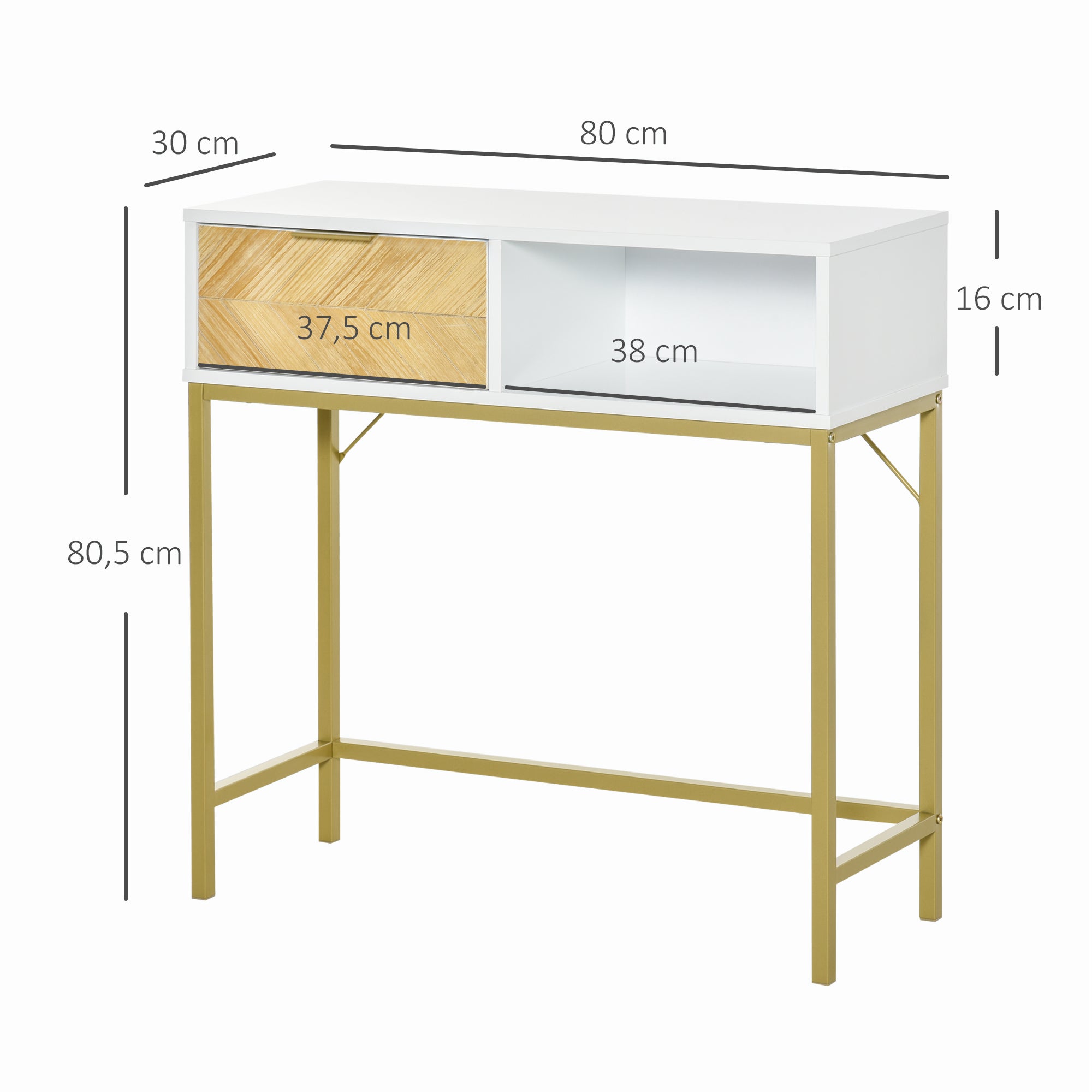 Mesa de Console Moderna com Gaveta e Prateleira Aberta 80x30x80,5 cm - Branco, Madeira Natural, Dourado