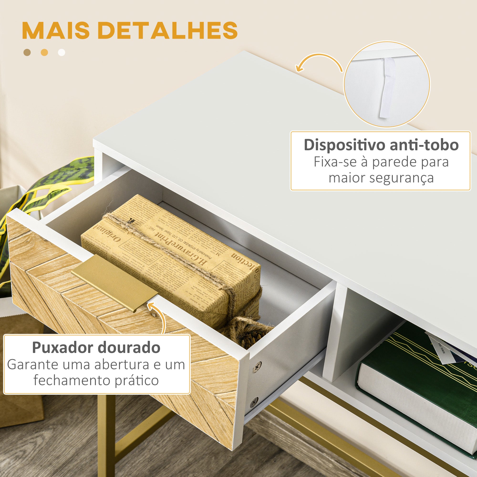 Mesa de Console Moderna com Gaveta e Prateleira Aberta 80x30x80,5 cm - Branco, Madeira Natural, Dourado