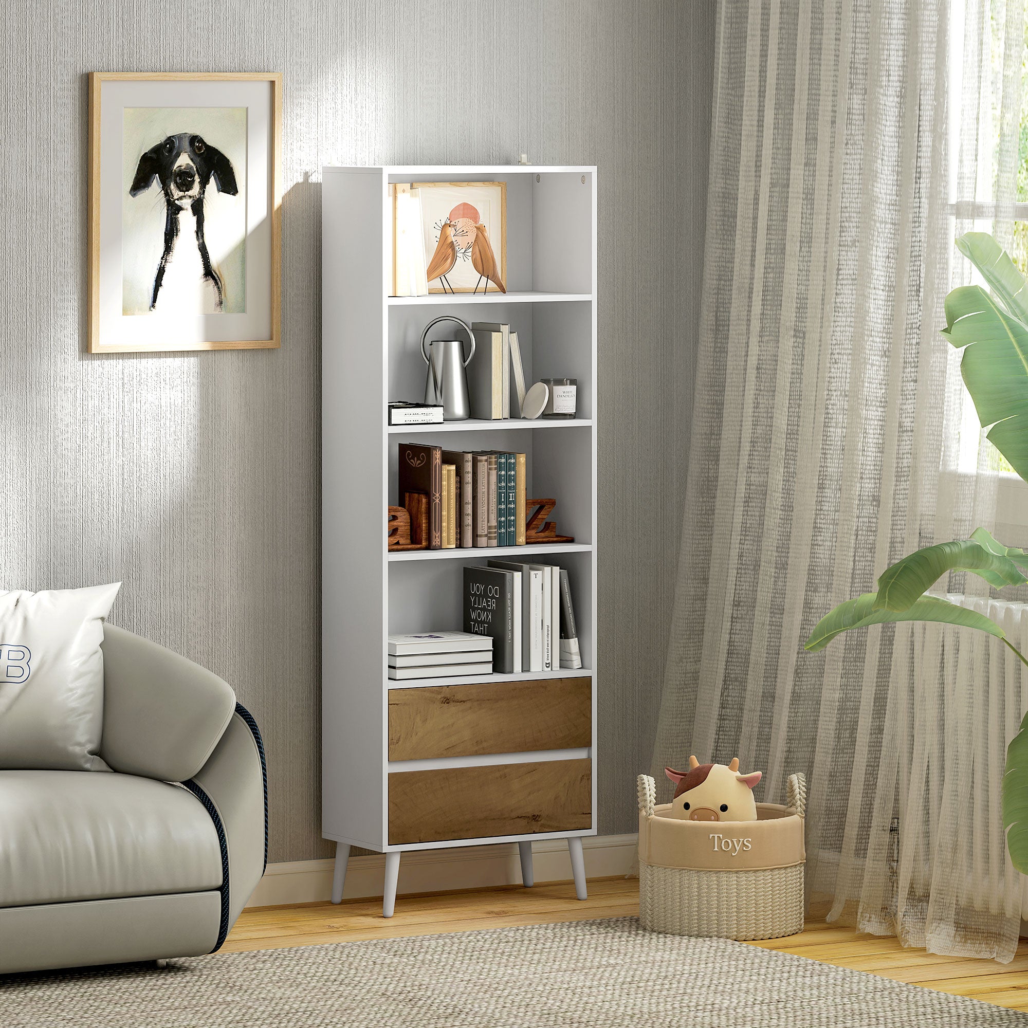 Estante de 6 Níveis com 2 Gavetas e 4 Prateleiras - 60x30x179 cm - Branco