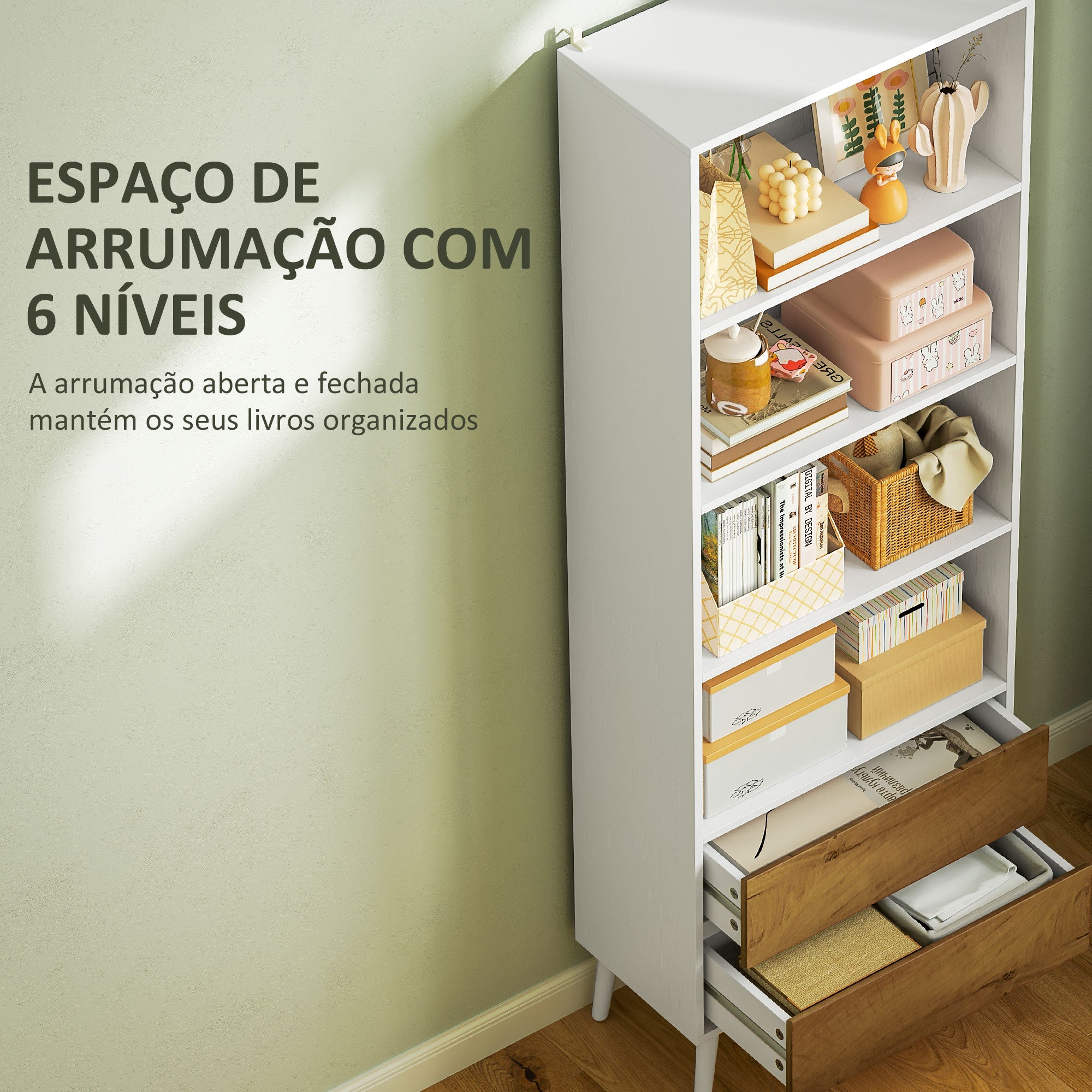 Estante de 6 Níveis com 2 Gavetas e 4 Prateleiras - 60x30x179 cm - Branco