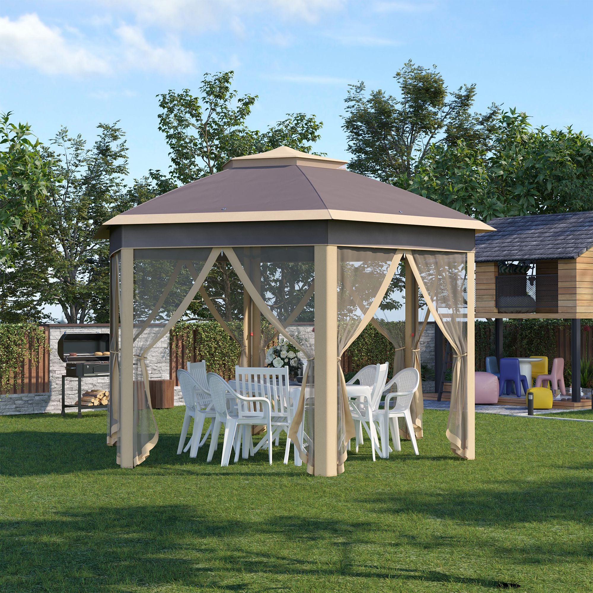 Tenda Dobrável Hexagonal 405x340x285 cm Marrom e Bege