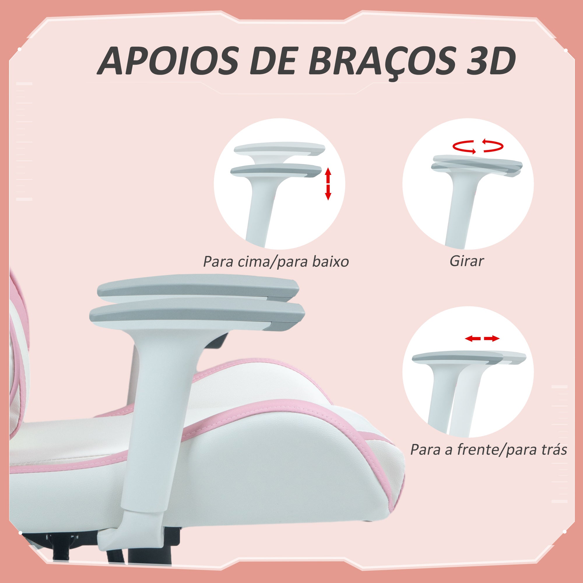 Cadeira Gamer Reclinável Rosa 67x60x120-128 cm