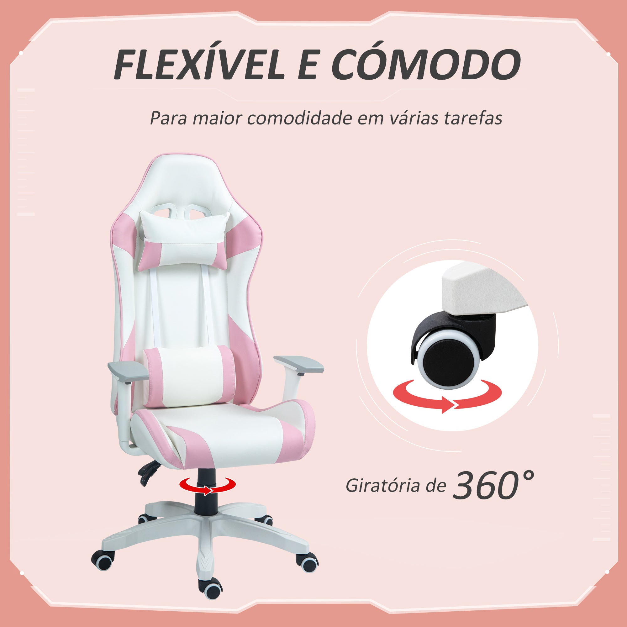 Cadeira Gamer Reclinável Rosa 67x60x120-128 cm