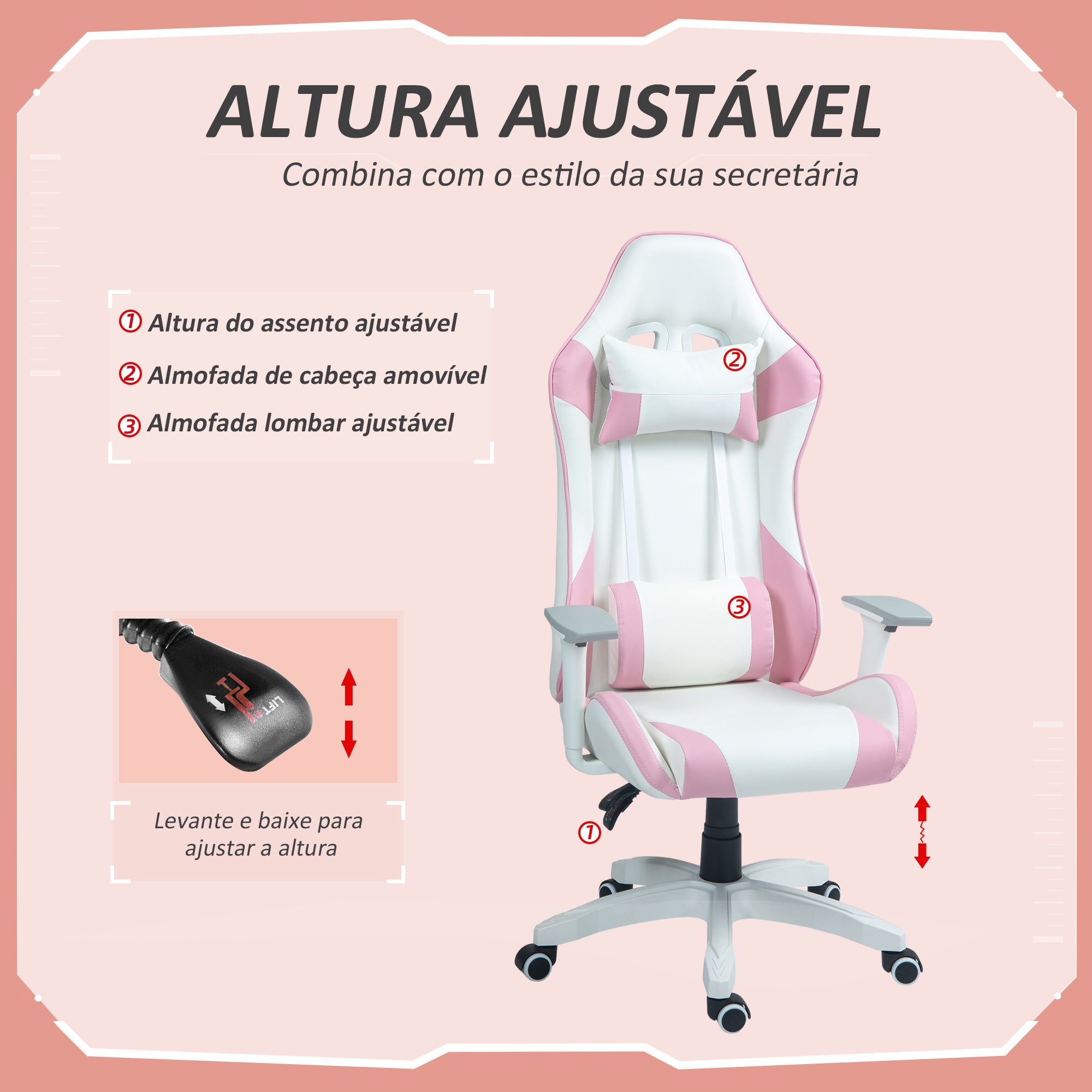 Cadeira Gamer Reclinável Rosa 67x60x120-128 cm