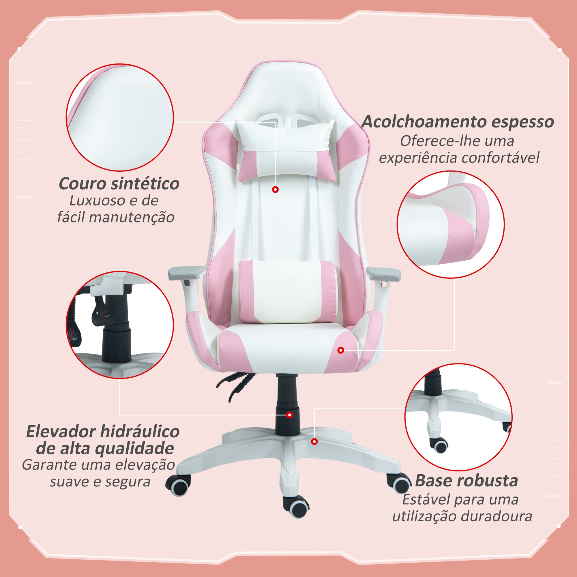 Cadeira Gamer Reclinável Rosa 67x60x120-128 cm