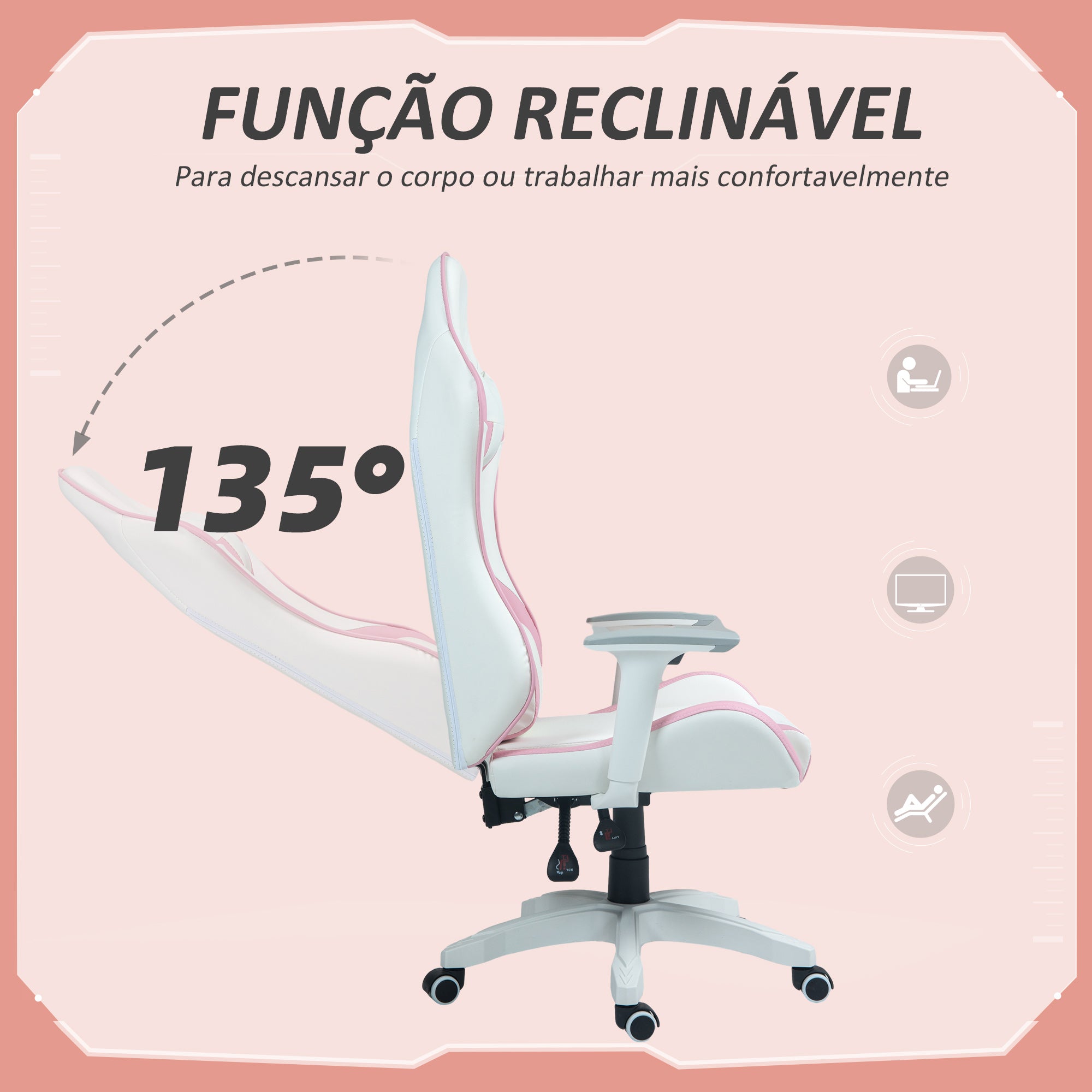 Cadeira Gamer Reclinável Rosa 67x60x120-128 cm