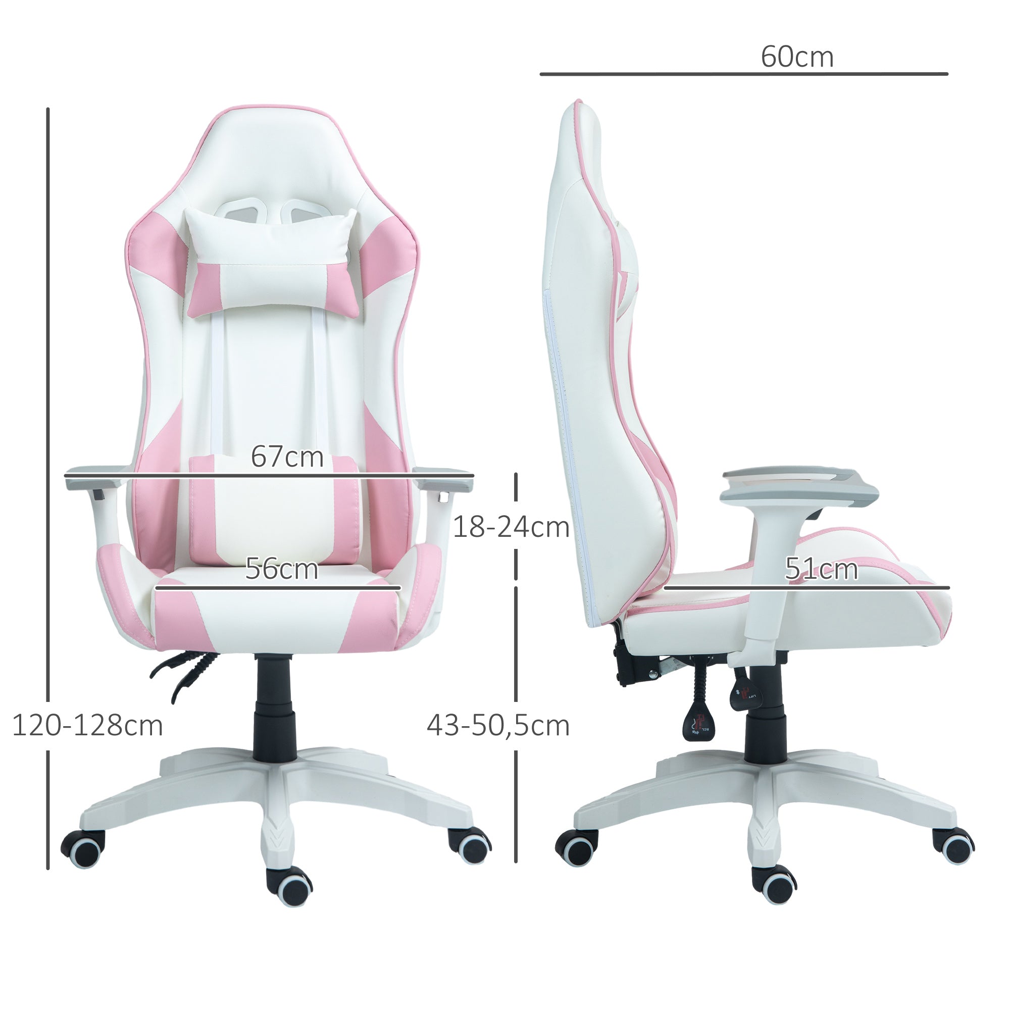 Cadeira Gamer Reclinável Rosa 67x60x120-128 cm