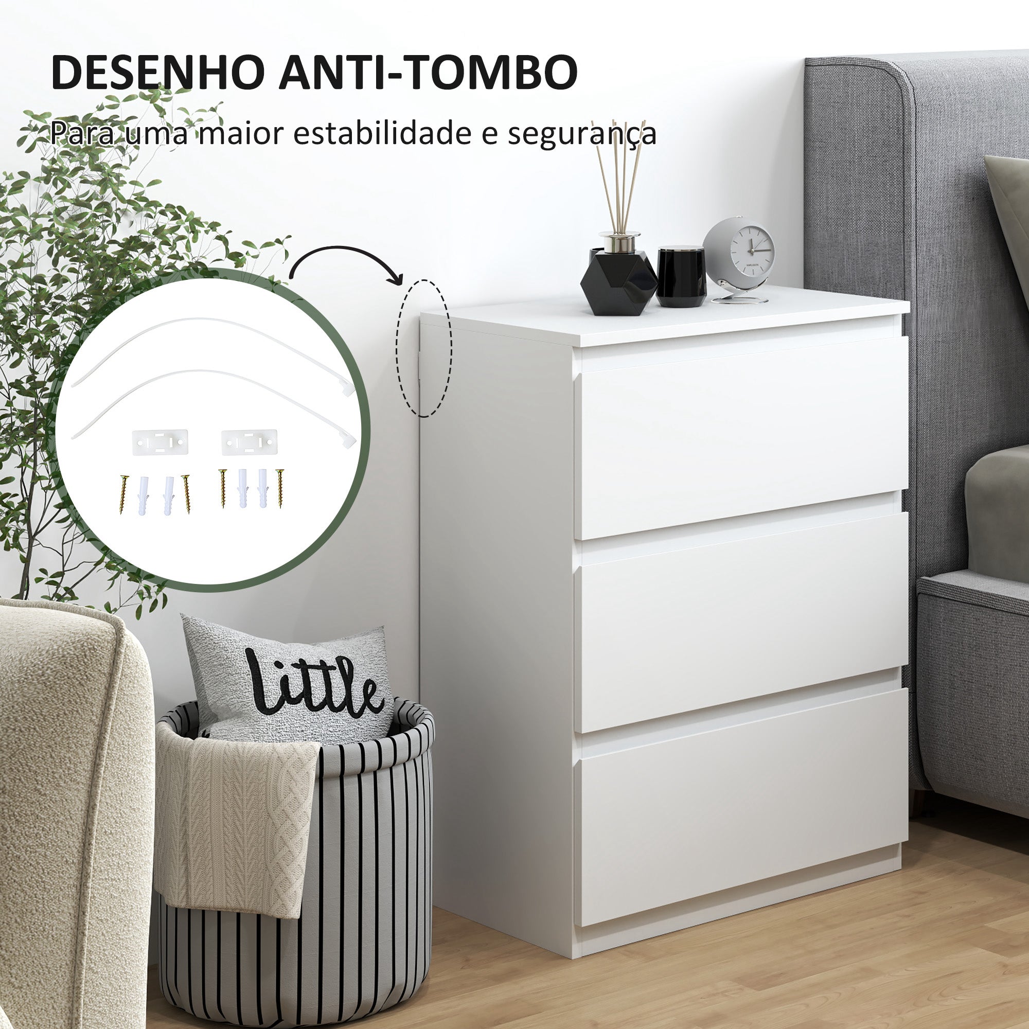 Cómoda de Madeira – 55x34x75 cm – Branco Brilhante