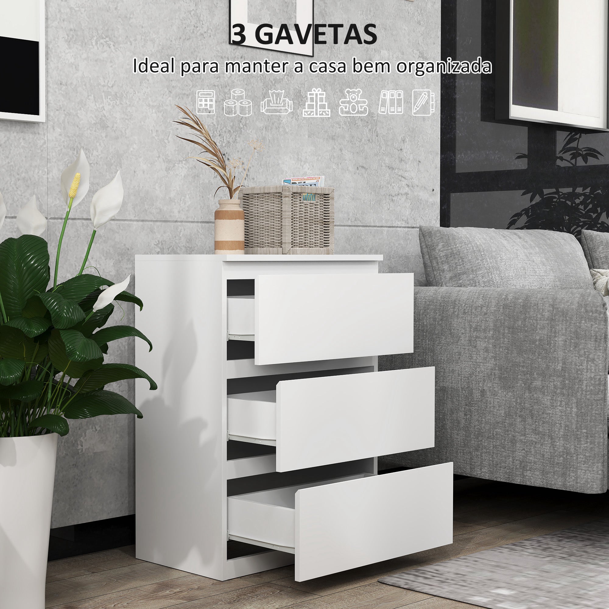 Cómoda de Madeira – 55x34x75 cm – Branco Brilhante