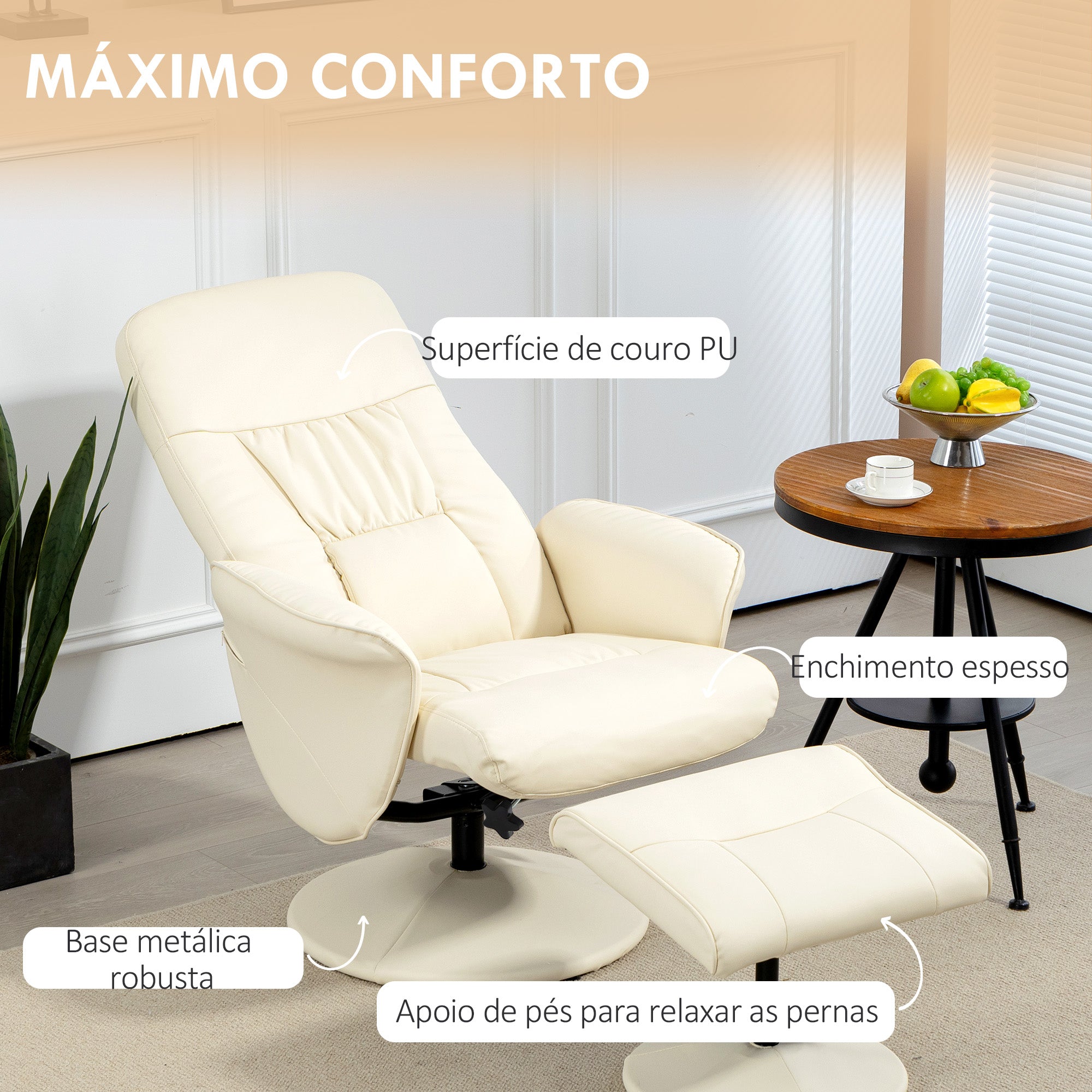 Poltrona Relax Reclinável 81x81x105 cm - Cor Creme