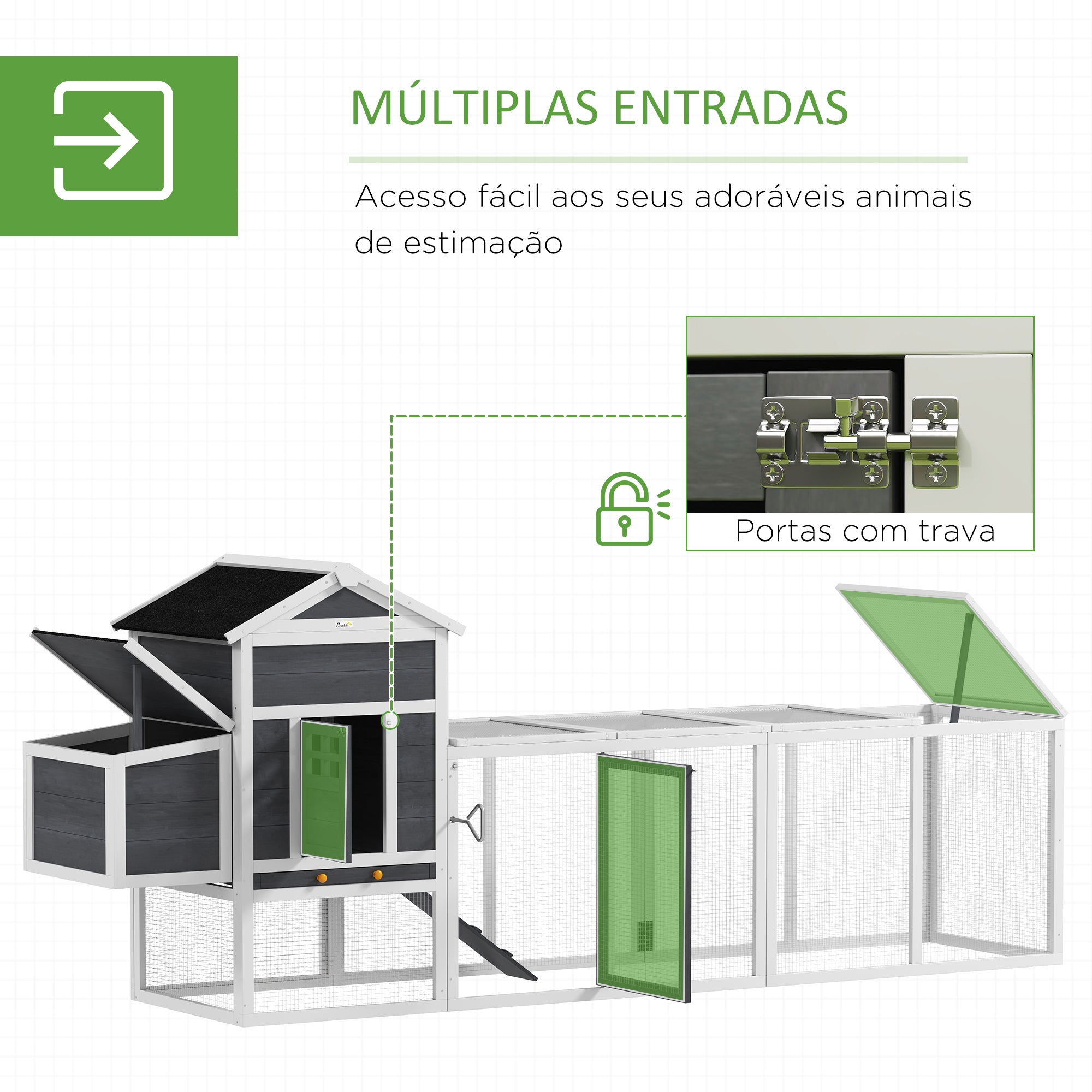 Galinheiro de Madeira Branco e Cinza 297,5x68x118cm para 3-6 Galinhas
