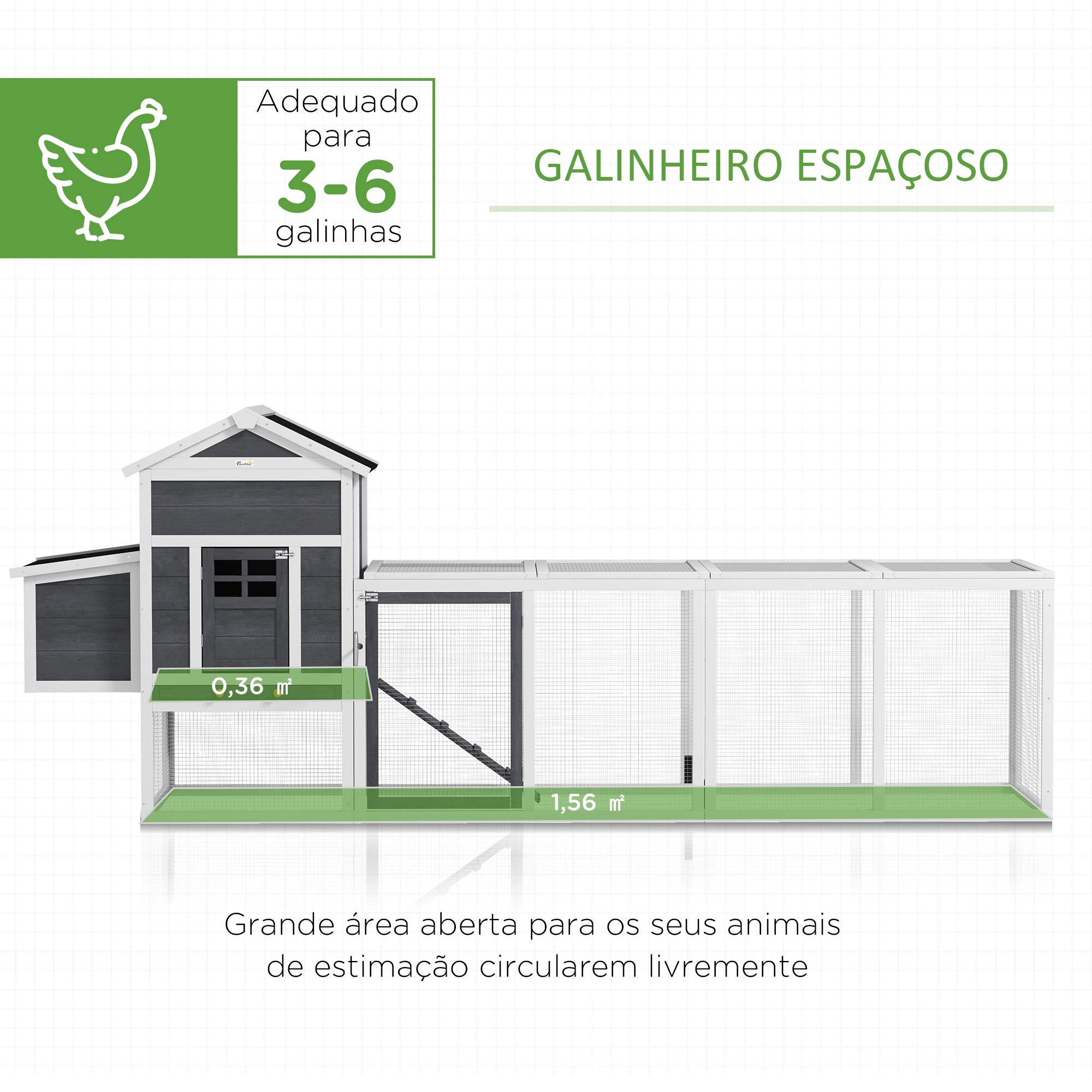 Galinheiro de Madeira Branco e Cinza 297,5x68x118cm para 3-6 Galinhas