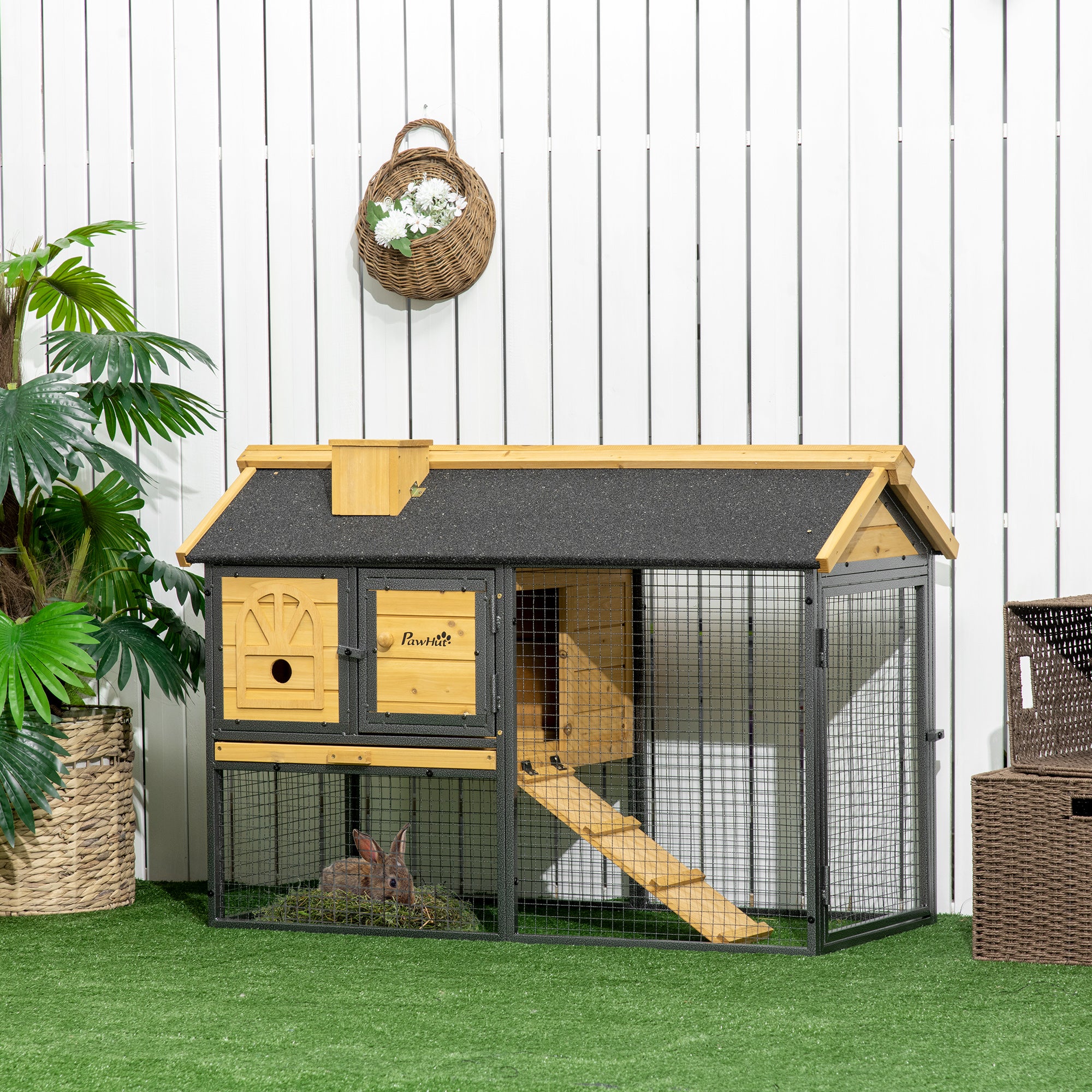 Gaiola para Coelhos de Madeira de 2 Níveis 120x55,5x80 cm - Cor Madeira e Preto