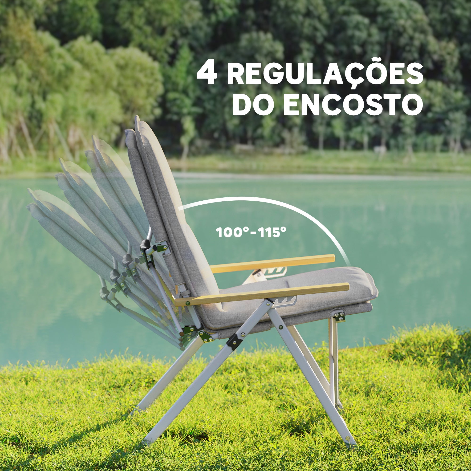 Cadeiras de Campismo Dobráveis com Encosto Alto Ajustável e Apoios de Braços em Madeira - 59x67x96 cm - Cinza Claro