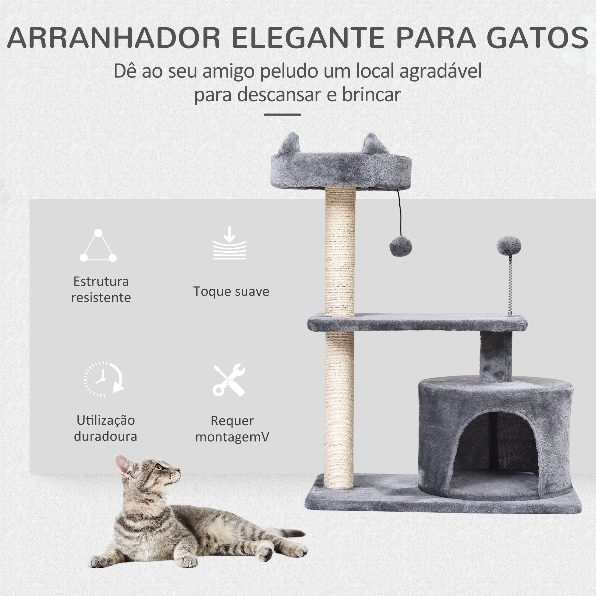 Arranhador para Gatos Cinzento 60x40x81 cm - Centro de Atividades para Gatos Médios