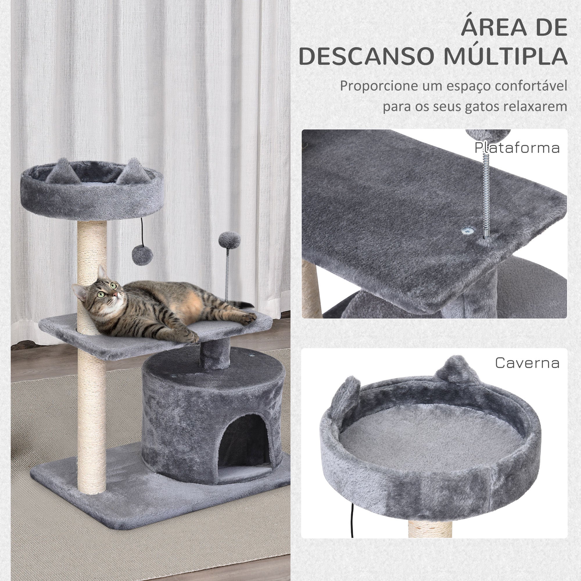 Arranhador para Gatos Cinzento 60x40x81 cm - Centro de Atividades para Gatos Médios