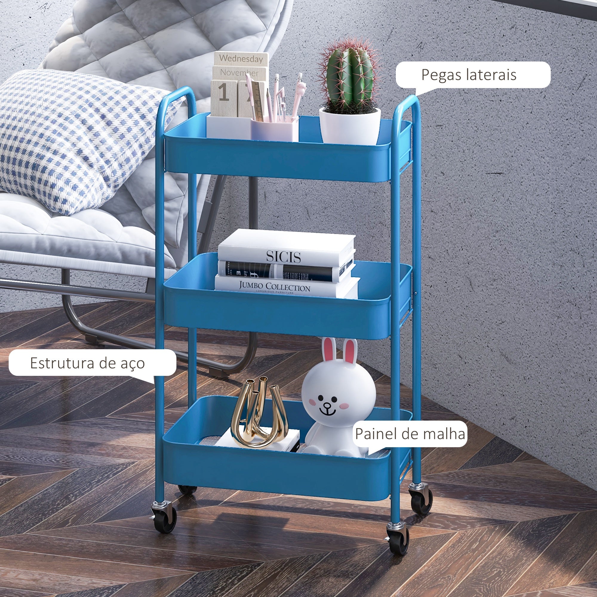 Carrinho Auxiliar de 3 Níveis com Rodas - Azul Marinho - 45x30.6x79 cm