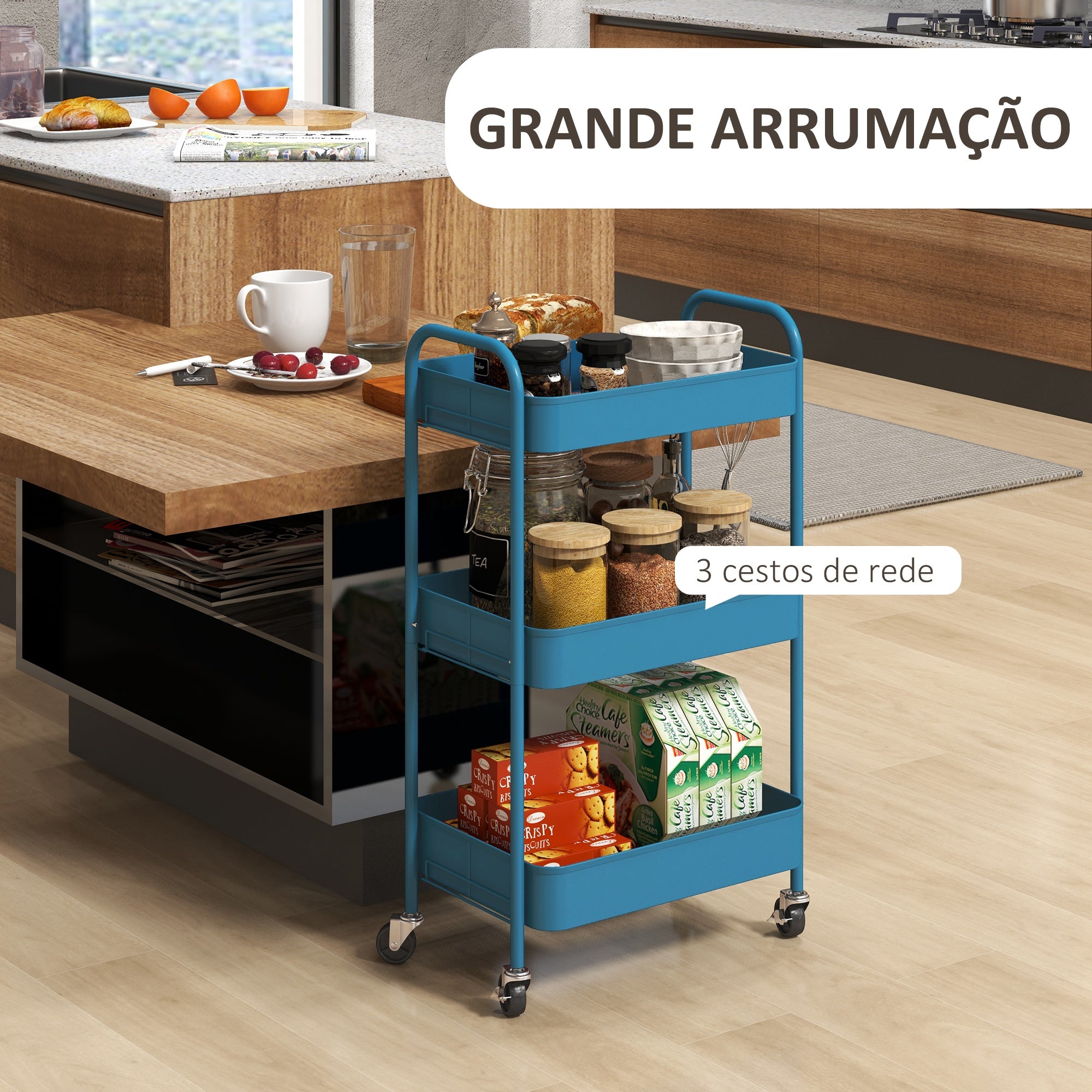Carrinho Auxiliar de 3 Níveis com Rodas - Azul Marinho - 45x30.6x79 cm