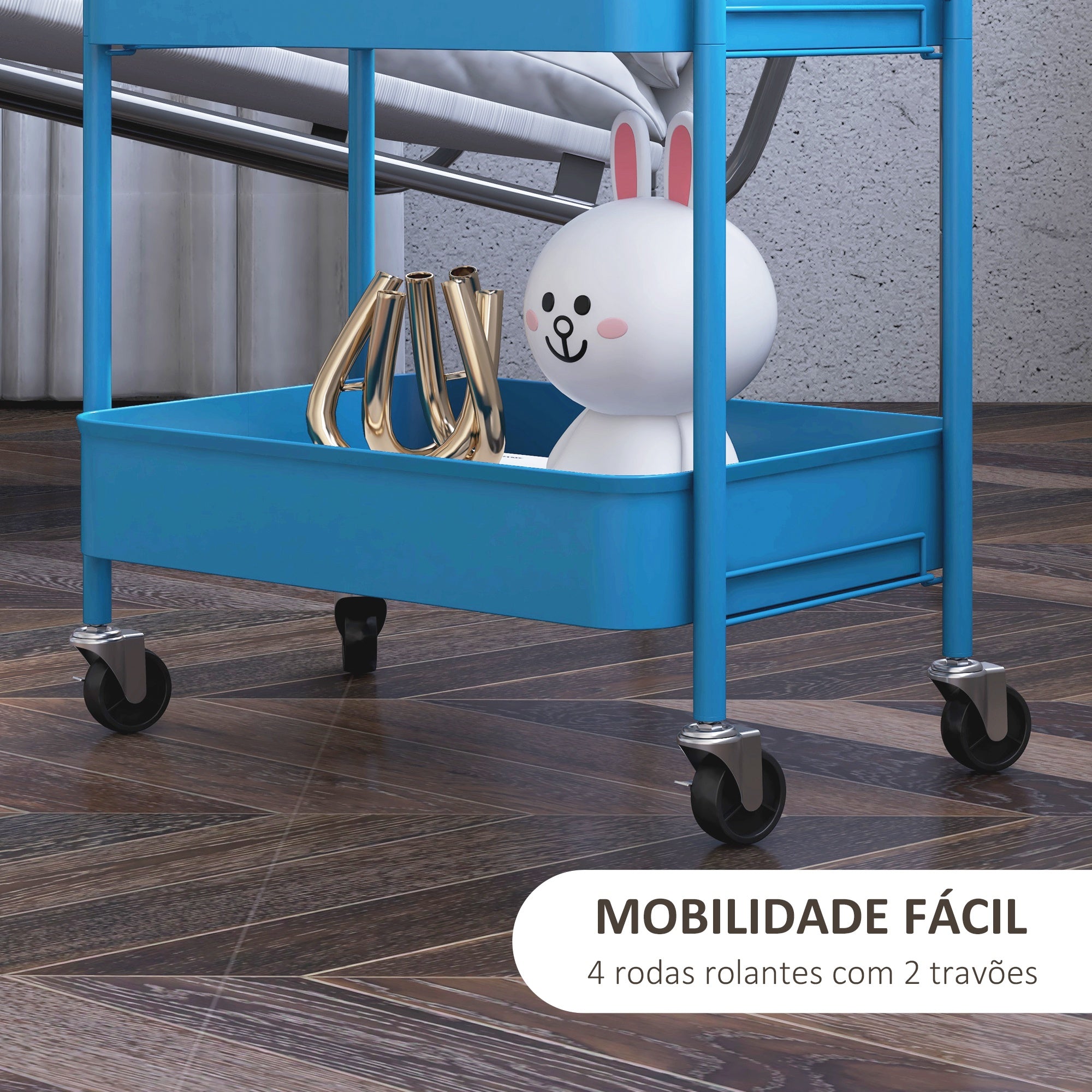 Carrinho Auxiliar de 3 Níveis com Rodas - Azul Marinho - 45x30.6x79 cm