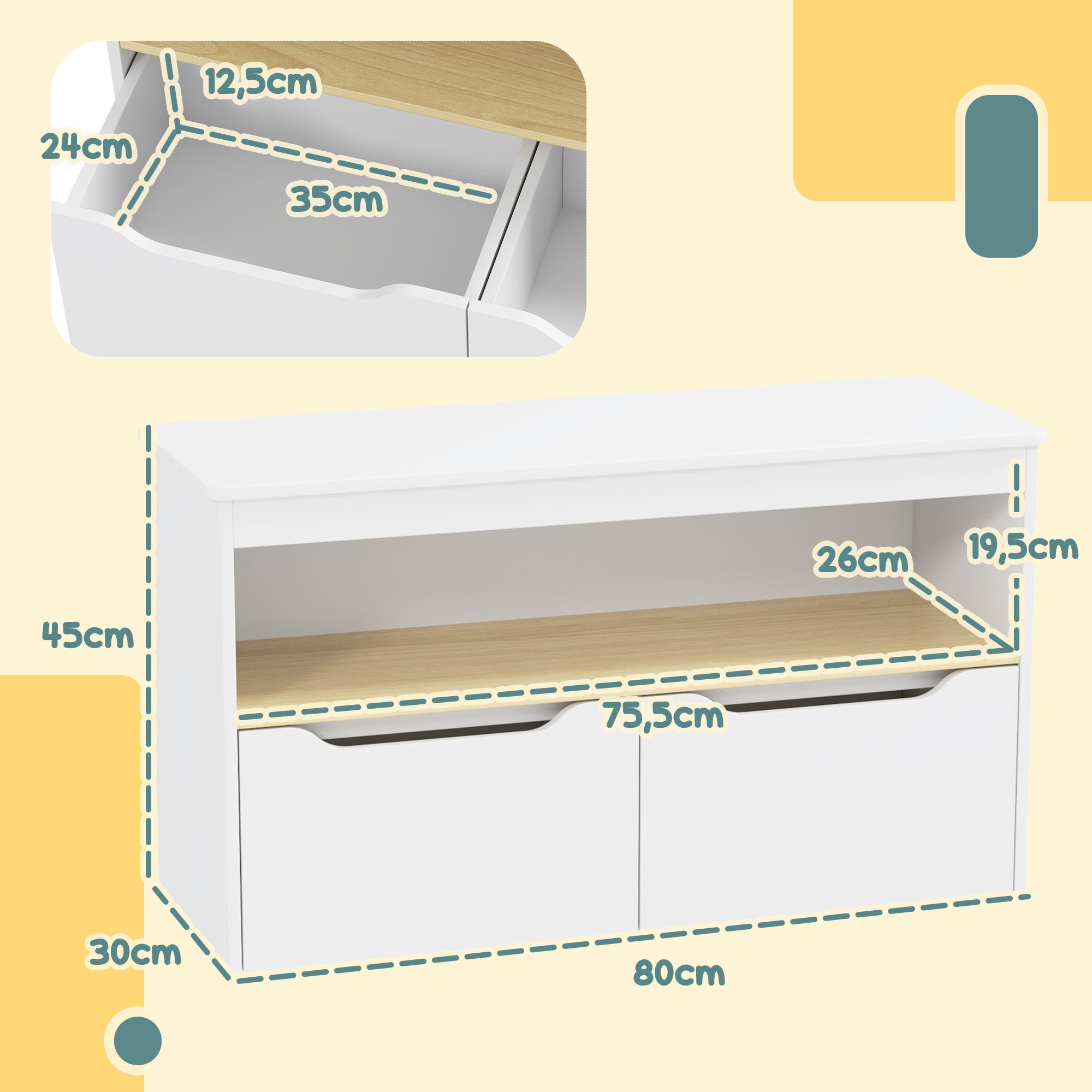 Organizador de Brinquedos Infantil 80x30x45 cm Branco e Madeira