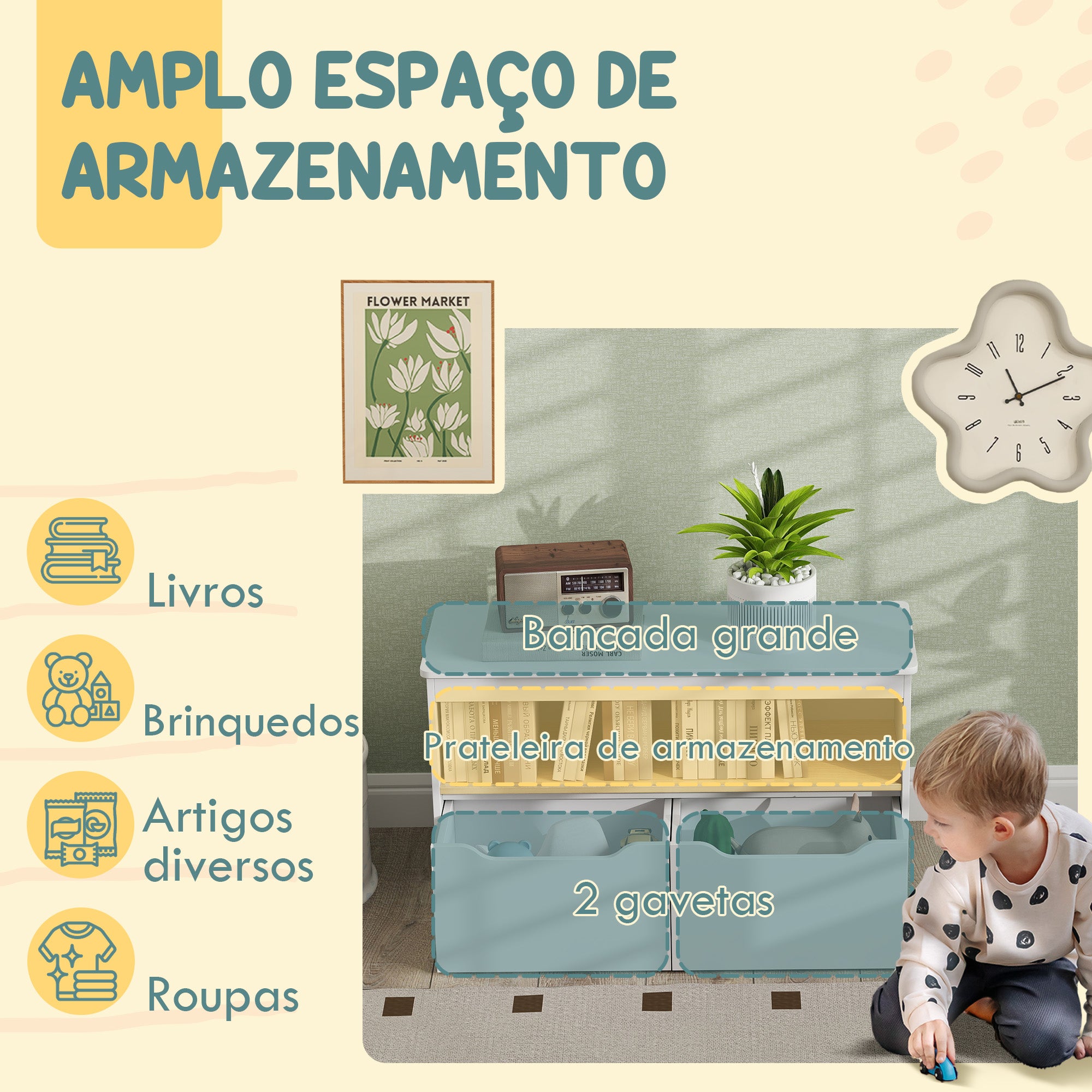 Organizador de Brinquedos Infantil 80x30x45 cm Branco e Madeira