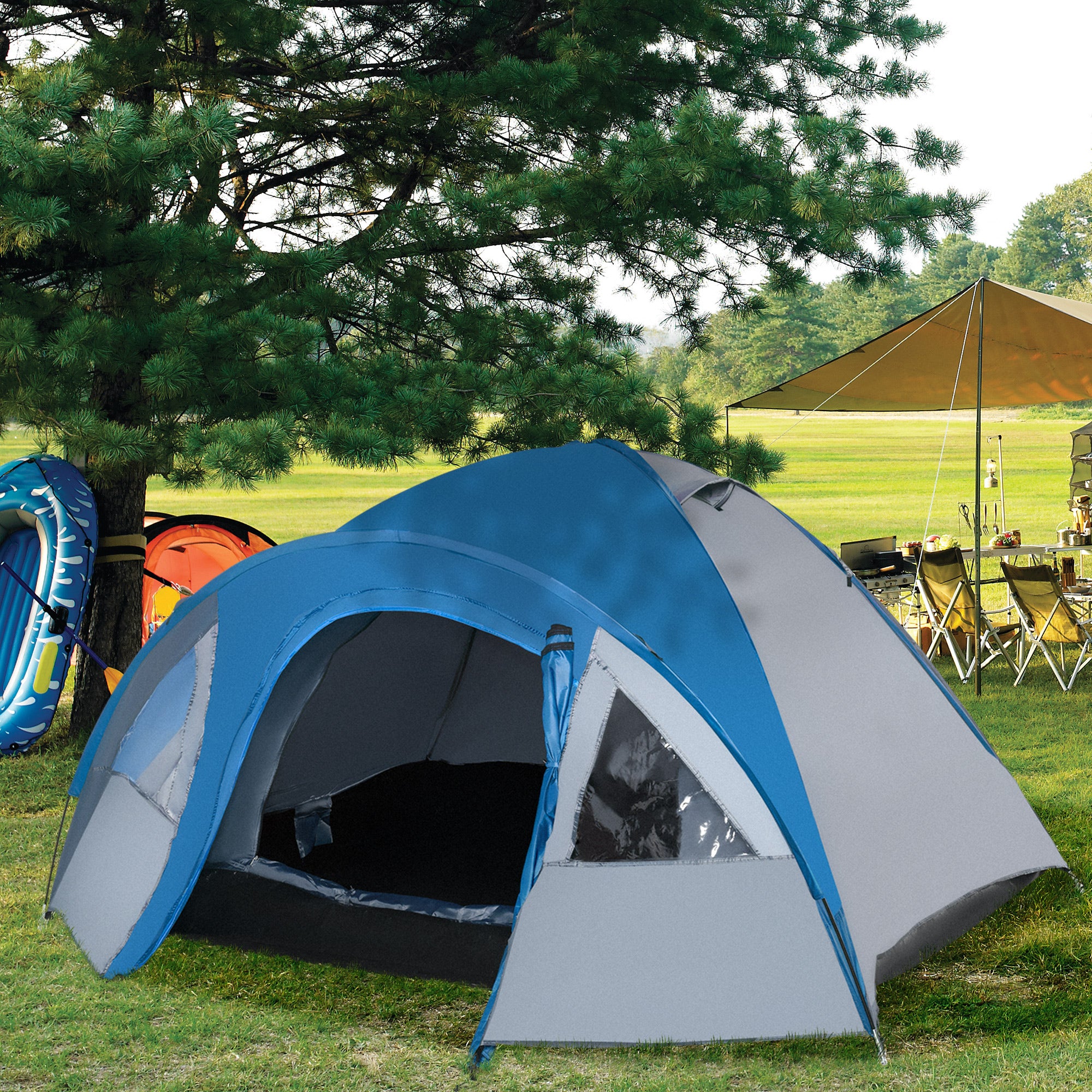Tenda de Campismo para 2-3 Pessoas 300x250x130 cm Cinza e Azul