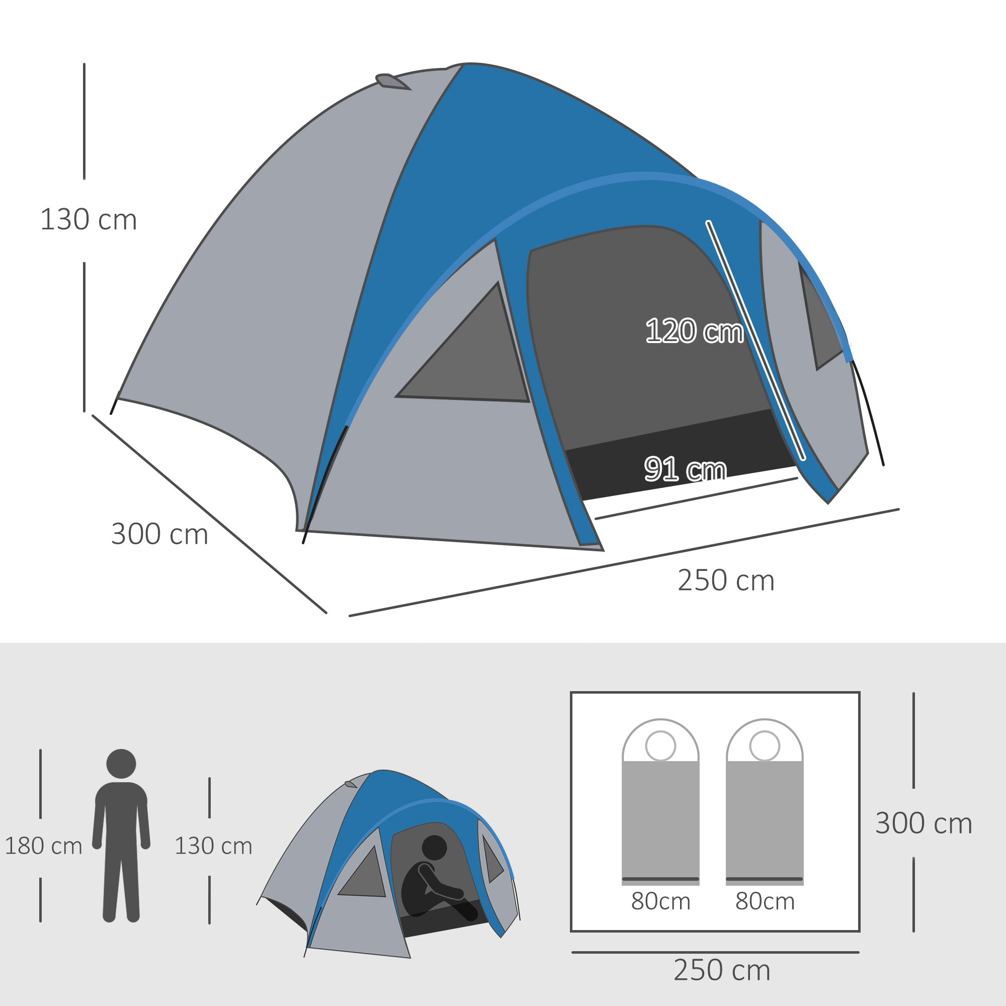 Tenda de Campismo para 2-3 Pessoas 300x250x130 cm Cinza e Azul