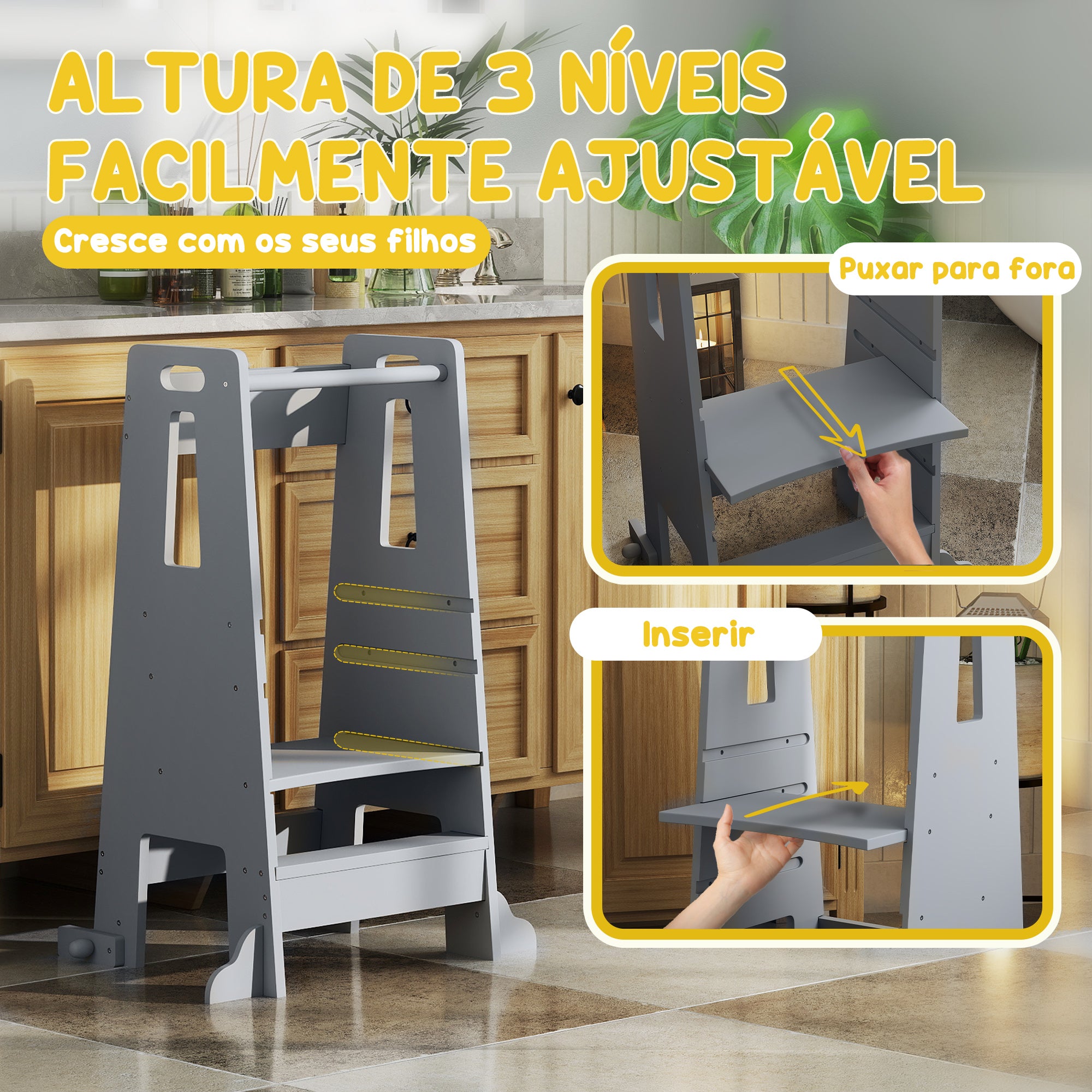 Torre de Aprendizagem para Crianças 45x47,5x91 cm - Cinzento