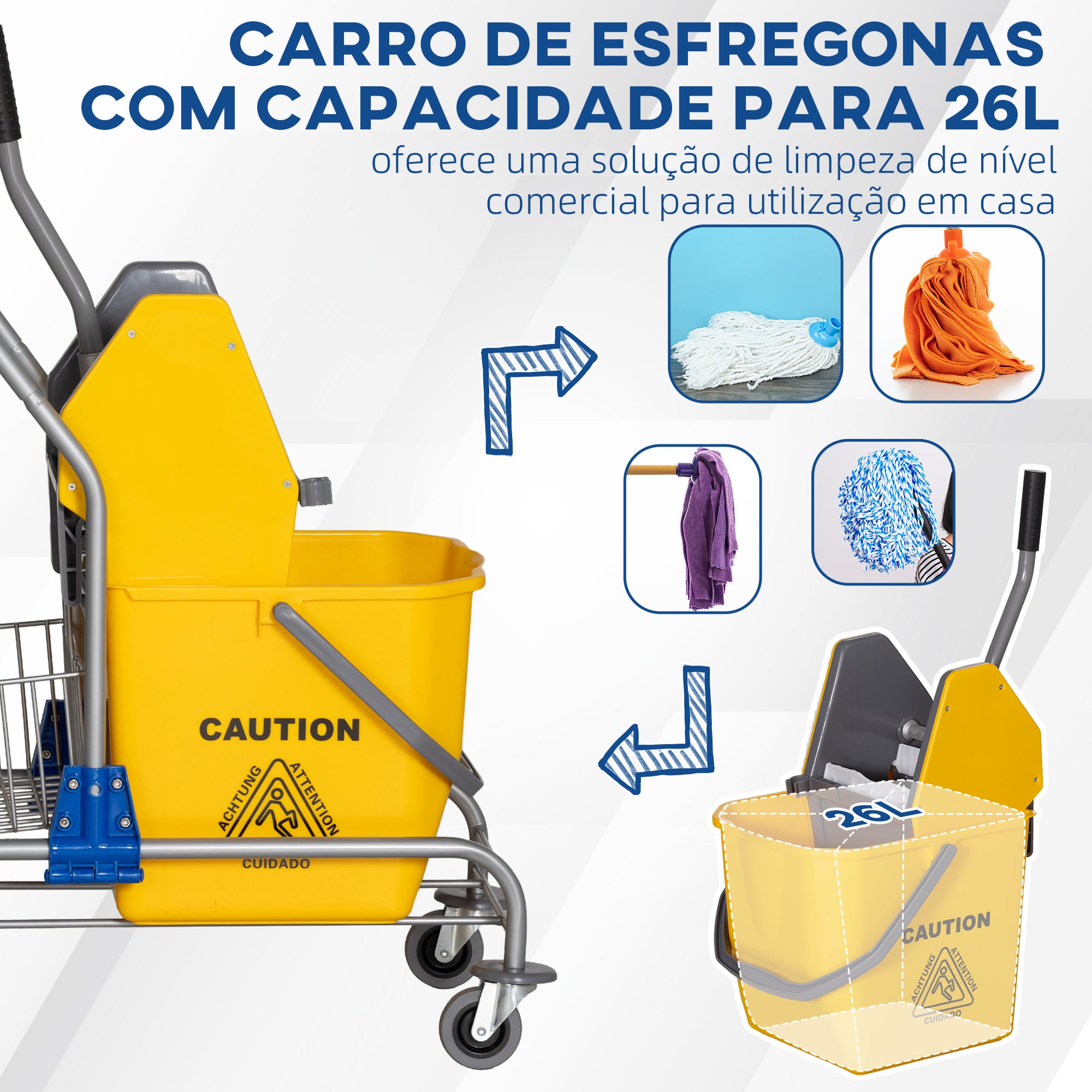 Carrinho de Limpeza – 73x45x95 cm – Amarelo – Plástico e Metal