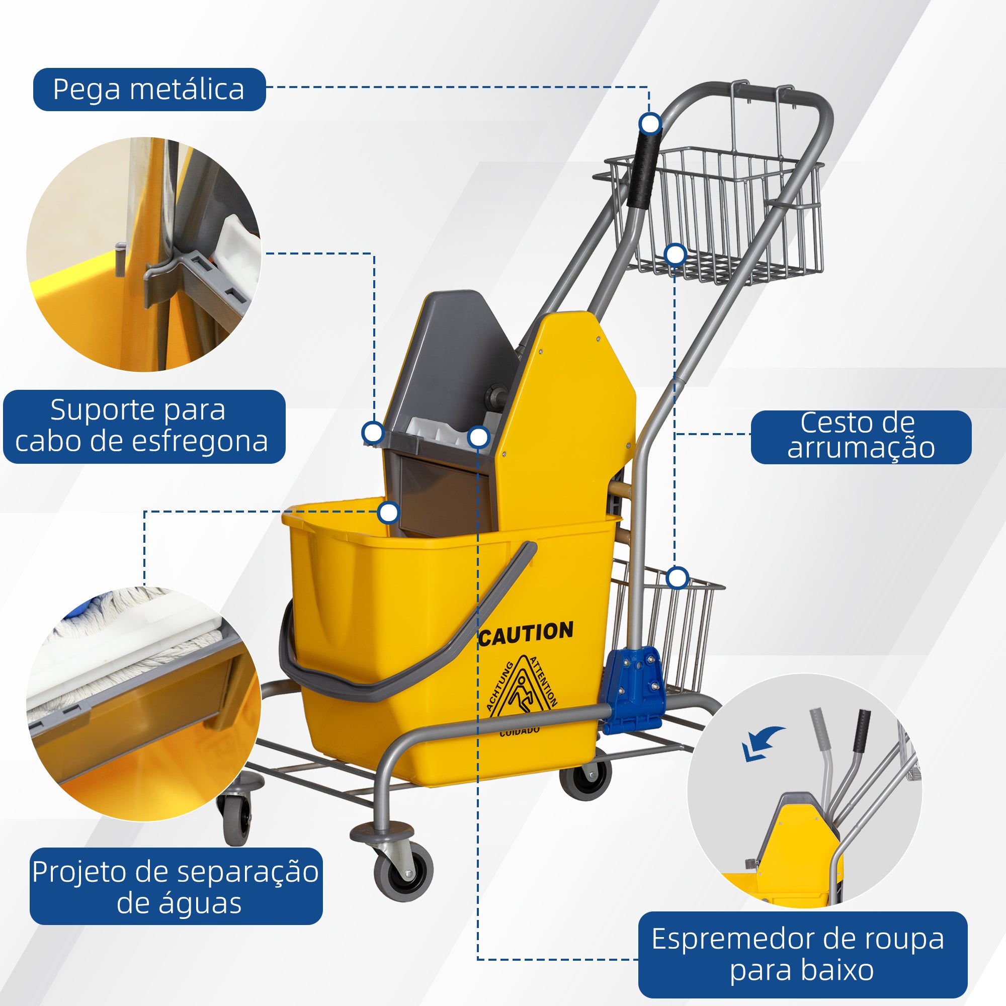 Carrinho de Limpeza – 73x45x95 cm – Amarelo – Plástico e Metal