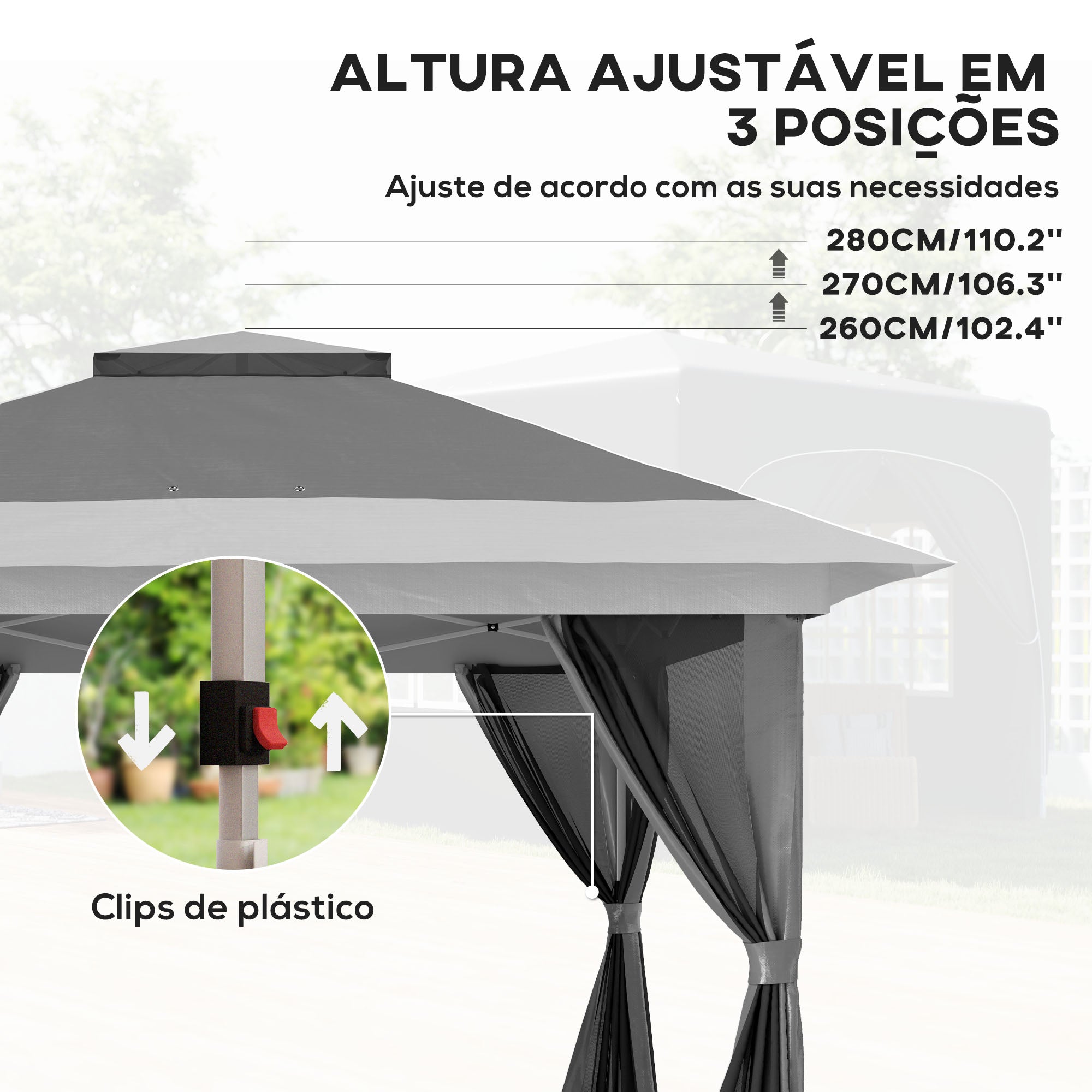 Pérgola Dobrável 356x356x280 cm Cinzento - Proteção UV e Altura Ajustável