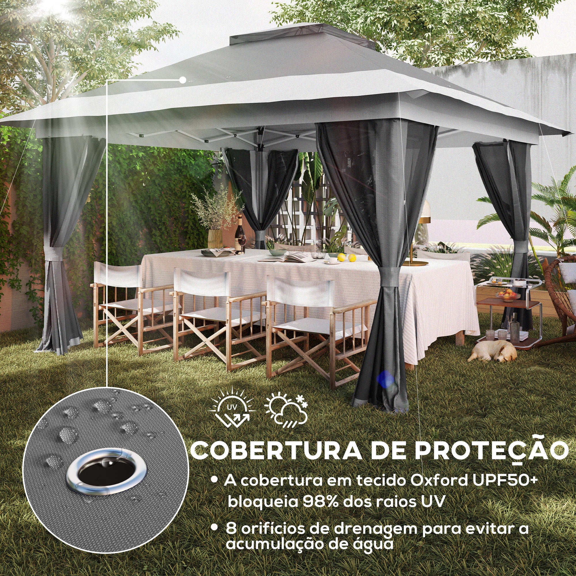 Pérgola Dobrável 356x356x280 cm Cinzento - Proteção UV e Altura Ajustável