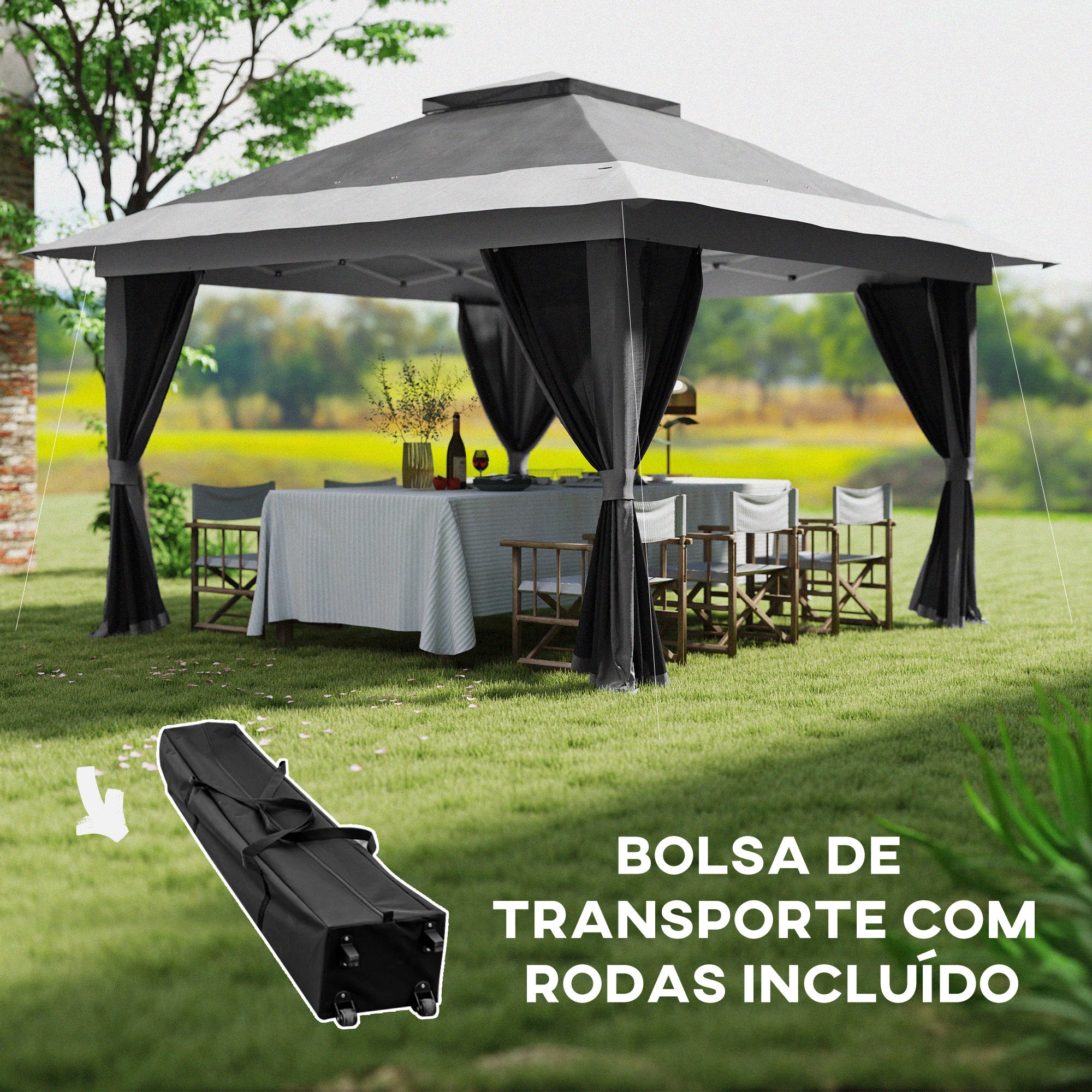 Pérgola Dobrável 356x356x280 cm Cinzento - Proteção UV e Altura Ajustável