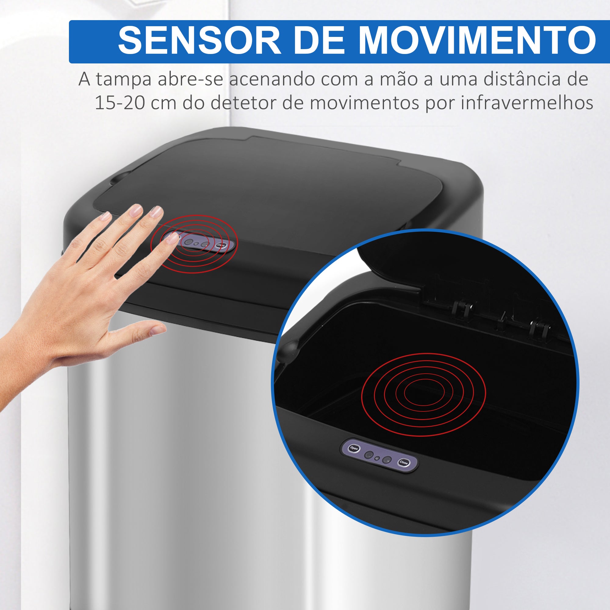 Balde de Lixo Automático 20L - 33x25x42,5 cm - Prata - Aço inoxidável, ABS e PP