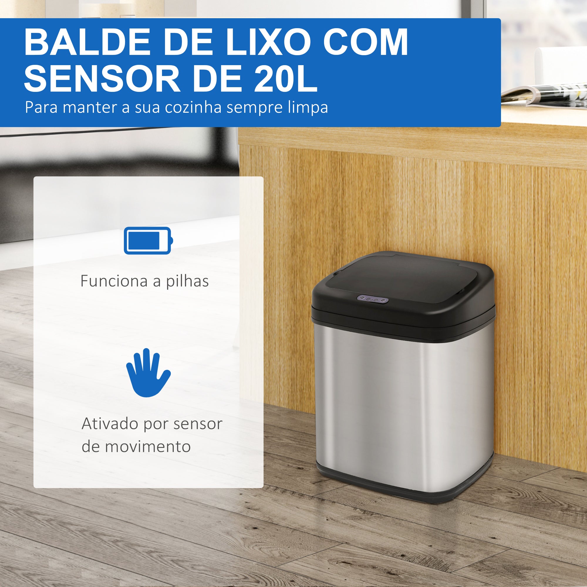 Balde de Lixo Automático 20L - 33x25x42,5 cm - Prata - Aço inoxidável, ABS e PP