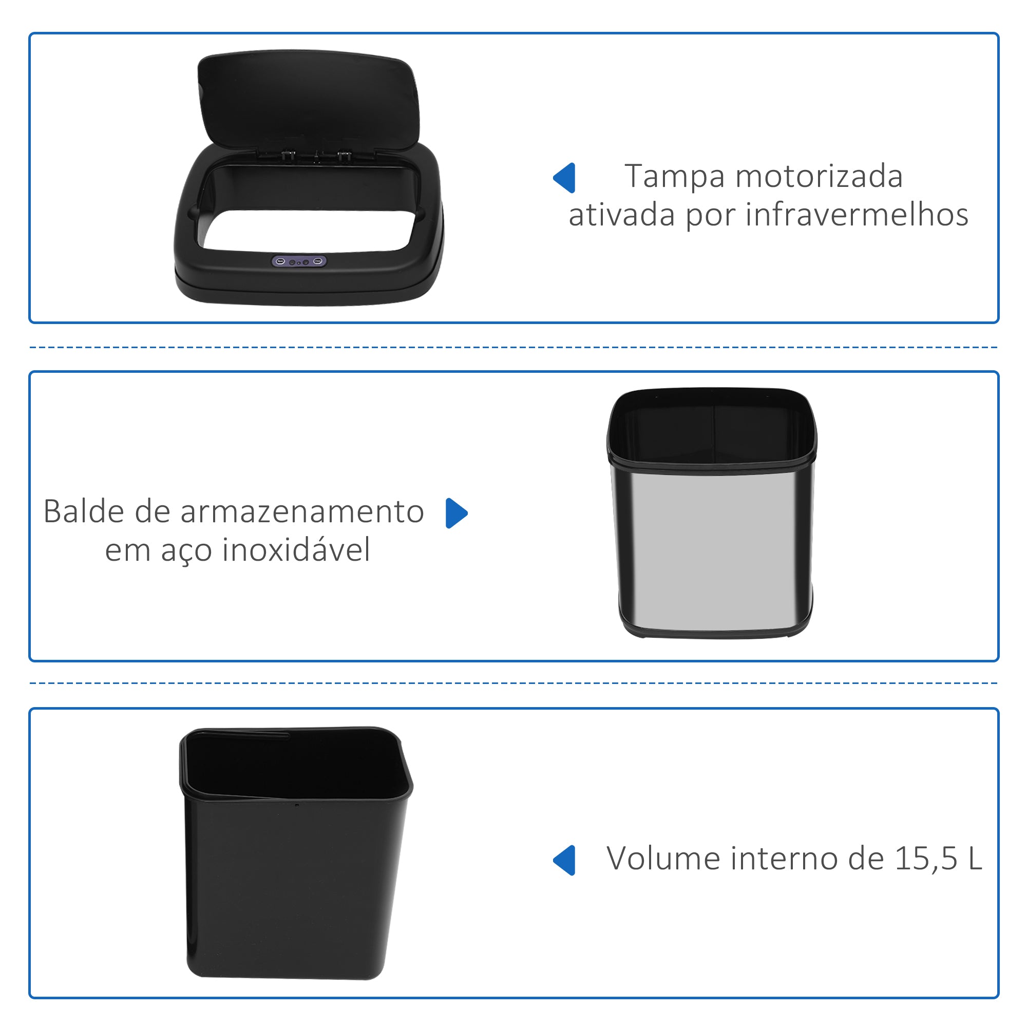 Balde de Lixo Automático 20L - 33x25x42,5 cm - Prata - Aço inoxidável, ABS e PP