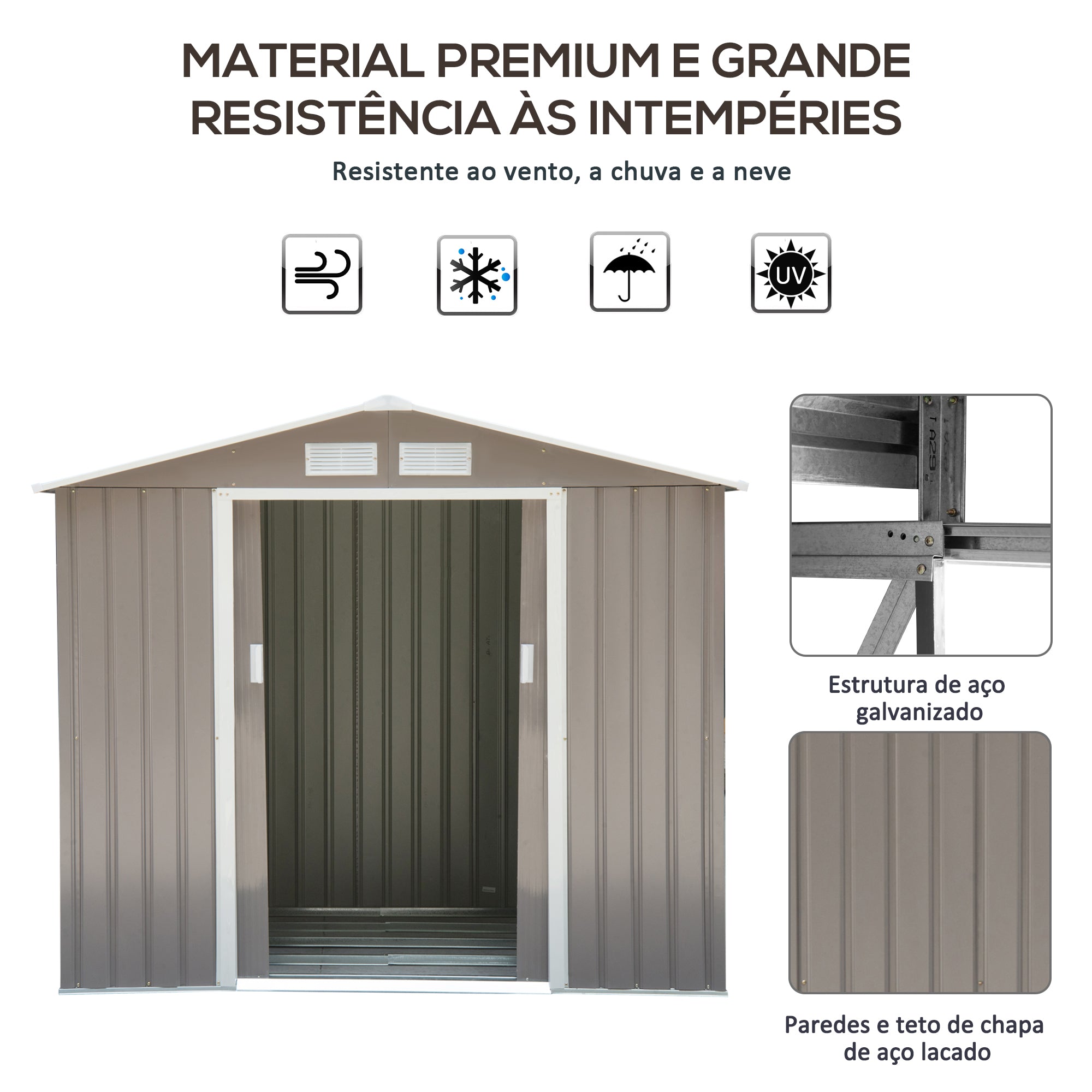 Abrigo de Jardim Metálico Cinzento 213x130x185 cm - Armazenamento de Ferramentas