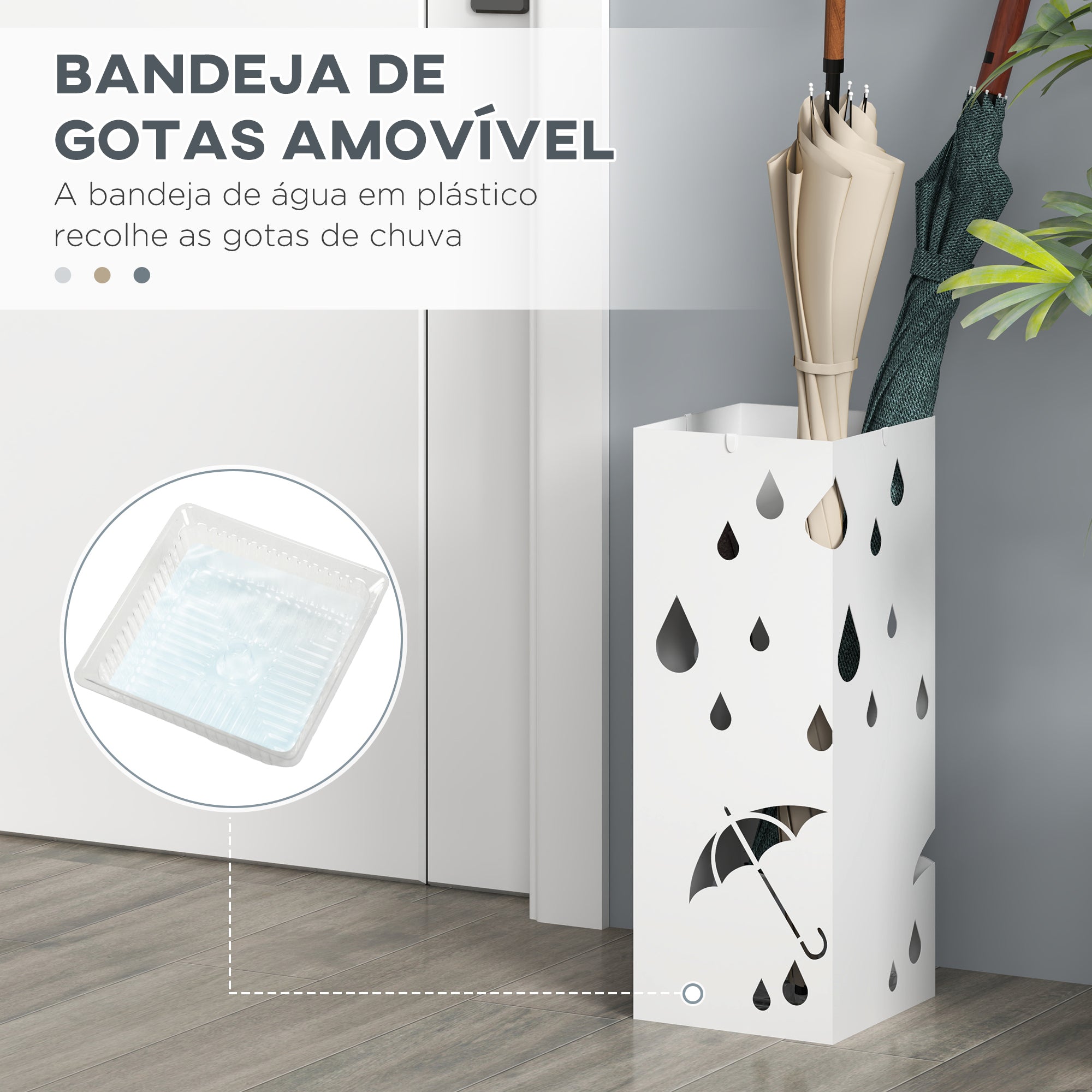 Suporte para Guarda-Chuvas Branco com 4 Ganchos e Bandeja de Gotejamento Amovível 15,5x15,5x41 cm
