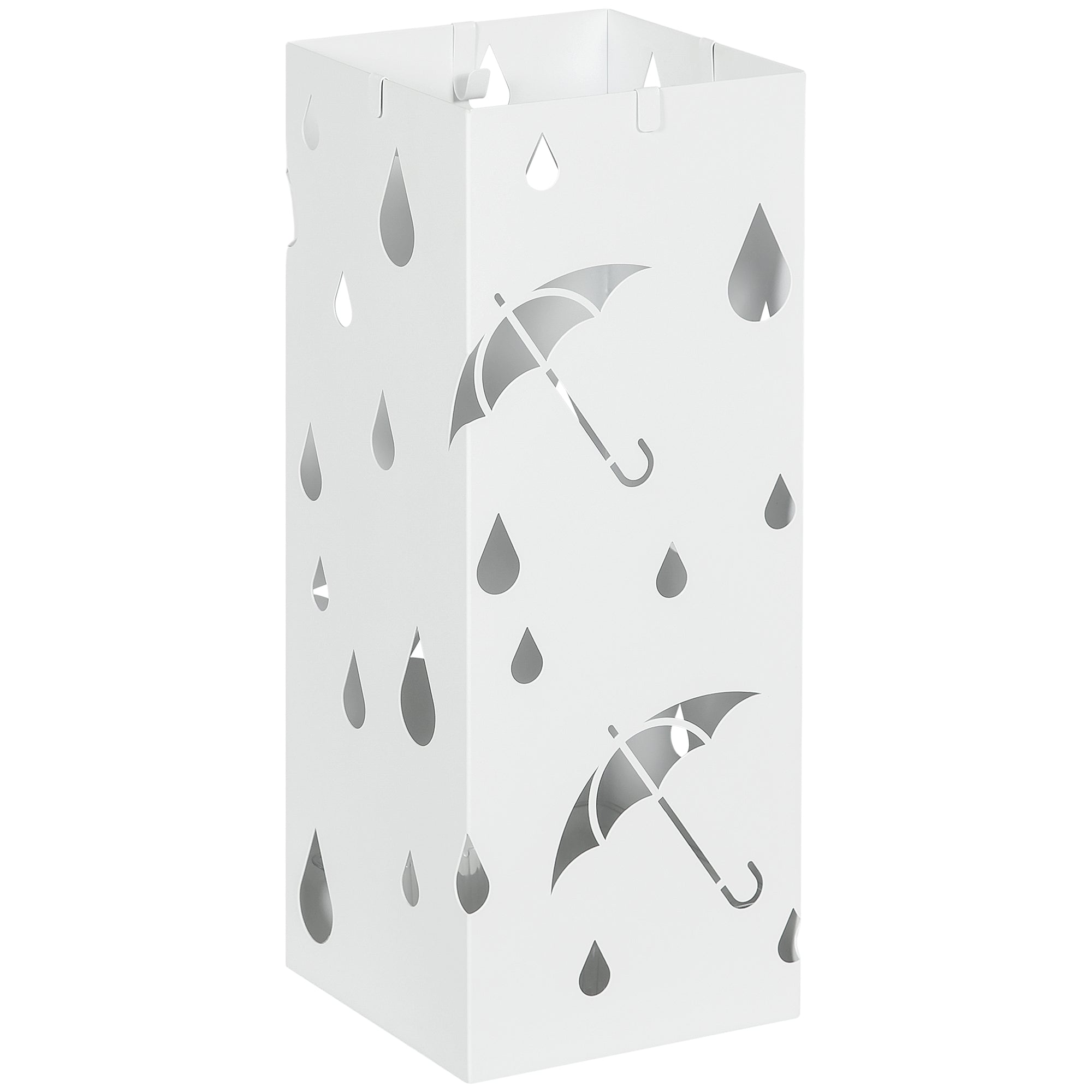 Suporte para Guarda-Chuvas Branco com 4 Ganchos e Bandeja de Gotejamento Amovível 15,5x15,5x41 cm