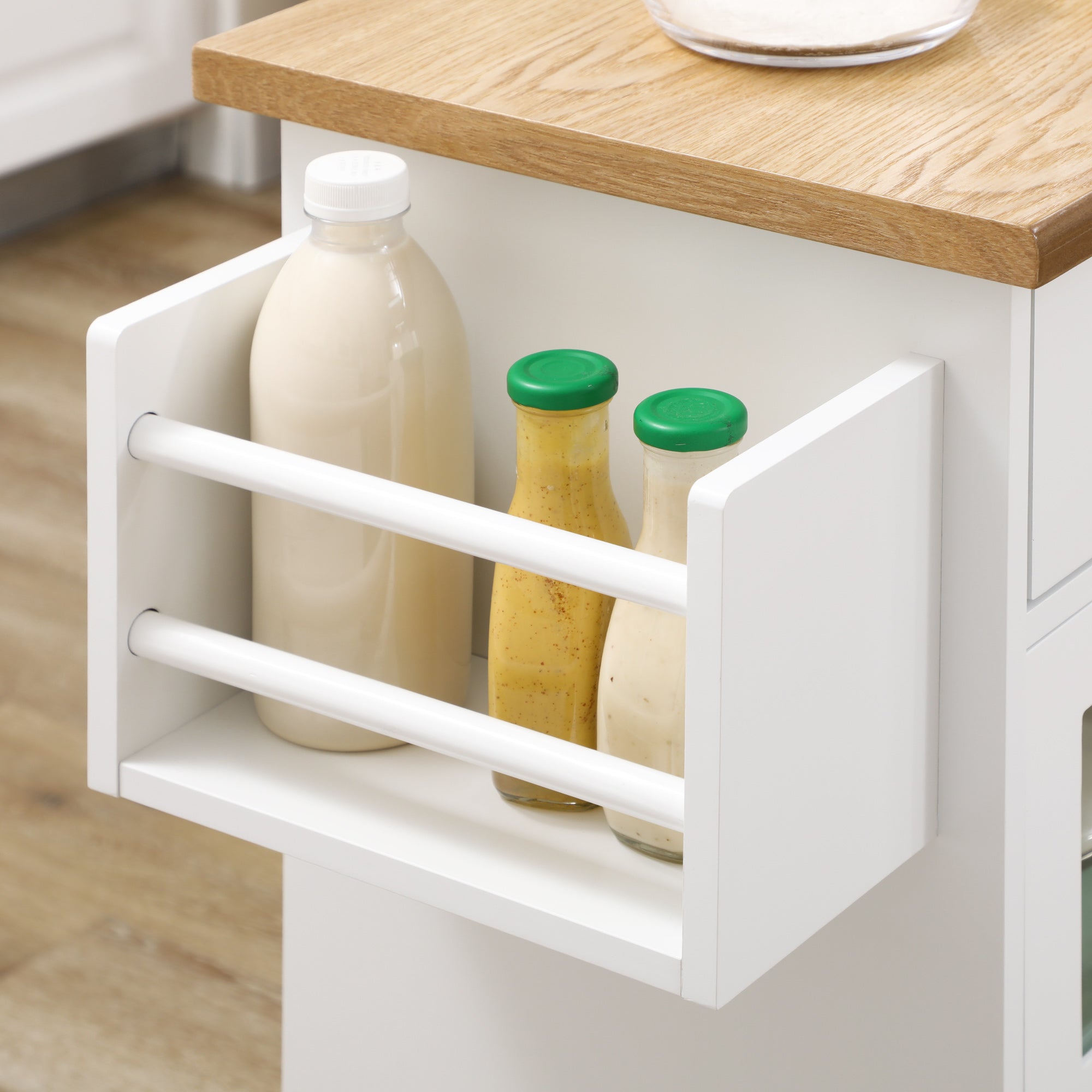 Carrinho de Cozinha com 2 Gavetas e 3 Portas de Vidro – 124,5x39,5x90 cm – Branco e Madeira