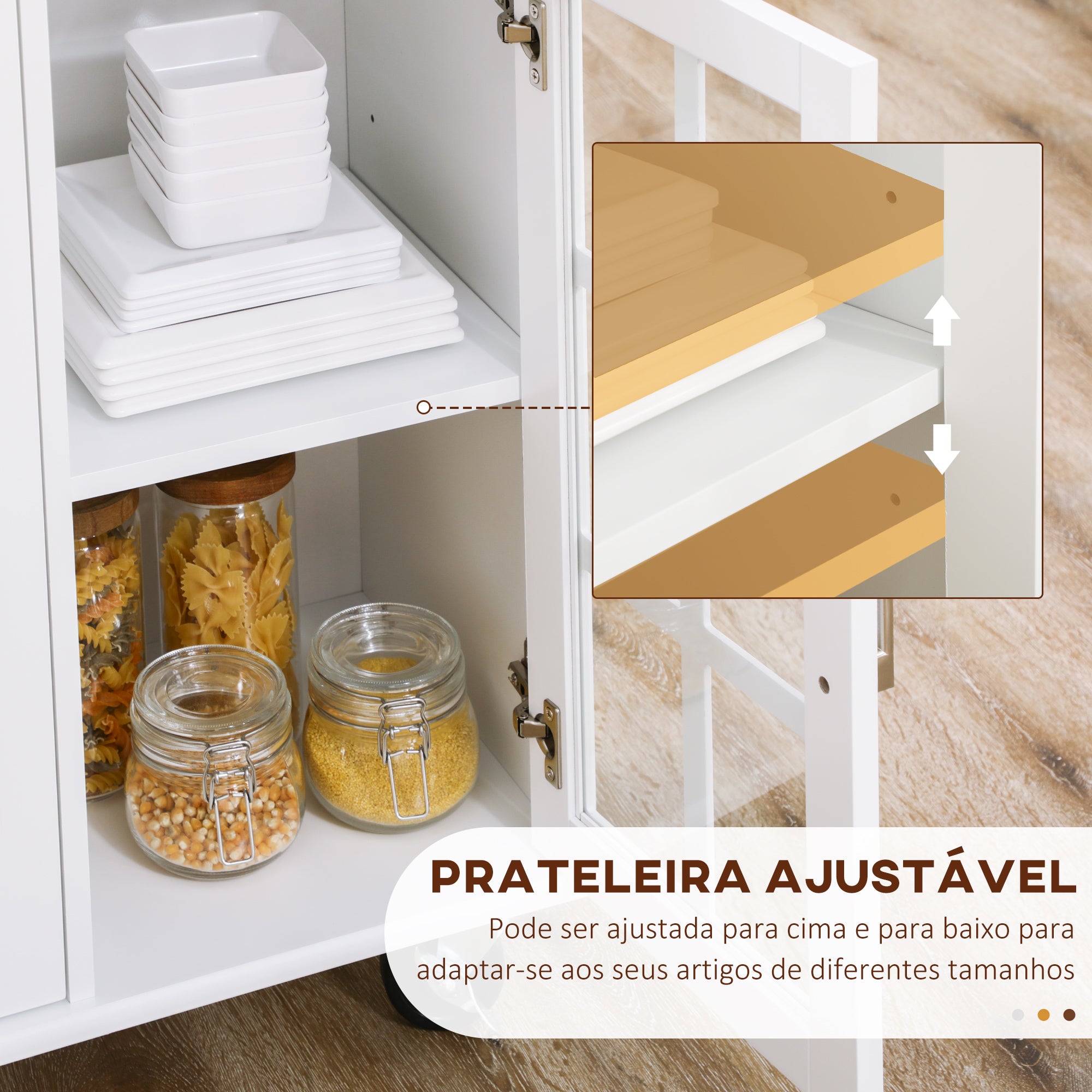Carrinho de Cozinha com 2 Gavetas e 3 Portas de Vidro – 124,5x39,5x90 cm – Branco e Madeira