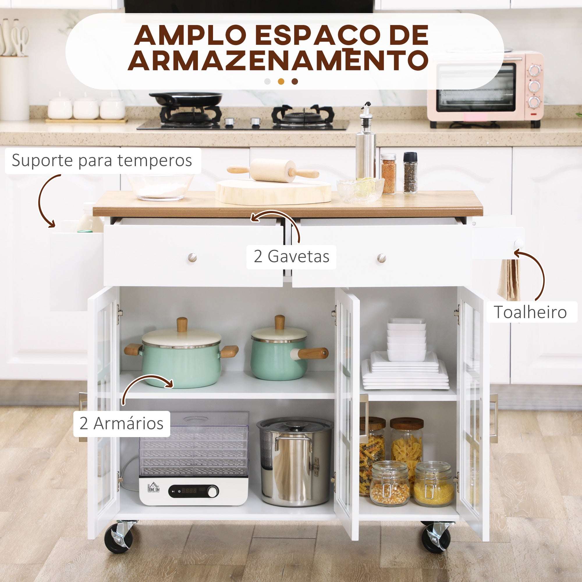 Carrinho de Cozinha com 2 Gavetas e 3 Portas de Vidro – 124,5x39,5x90 cm – Branco e Madeira