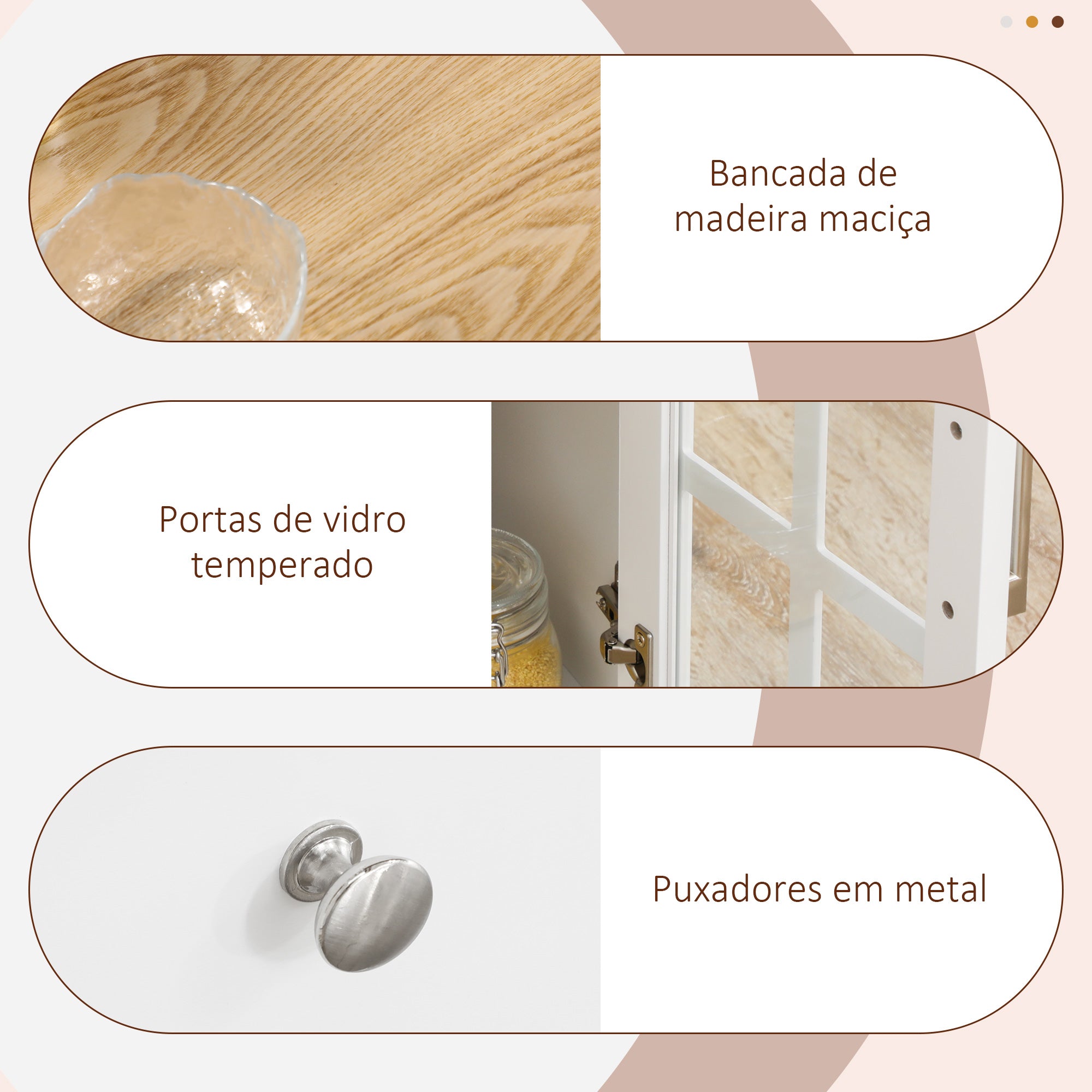 Carrinho de Cozinha com 2 Gavetas e 3 Portas de Vidro – 124,5x39,5x90 cm – Branco e Madeira