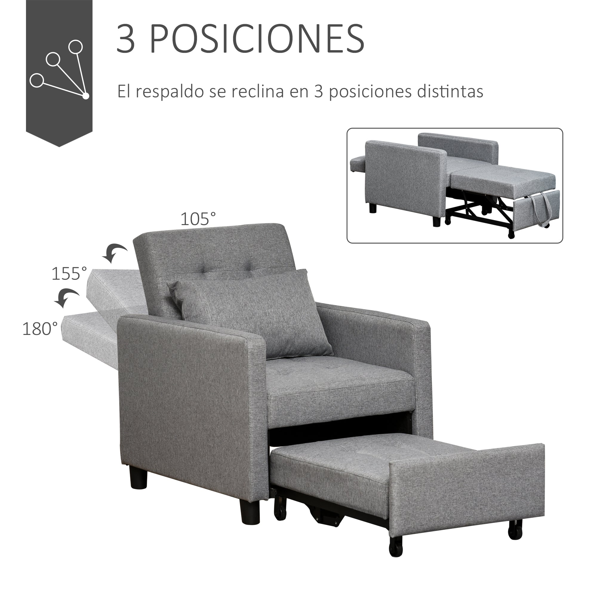 Sofá-cama Individual Cinza 69x77x84 cm - Encosto Reclinável e Almofada Removível