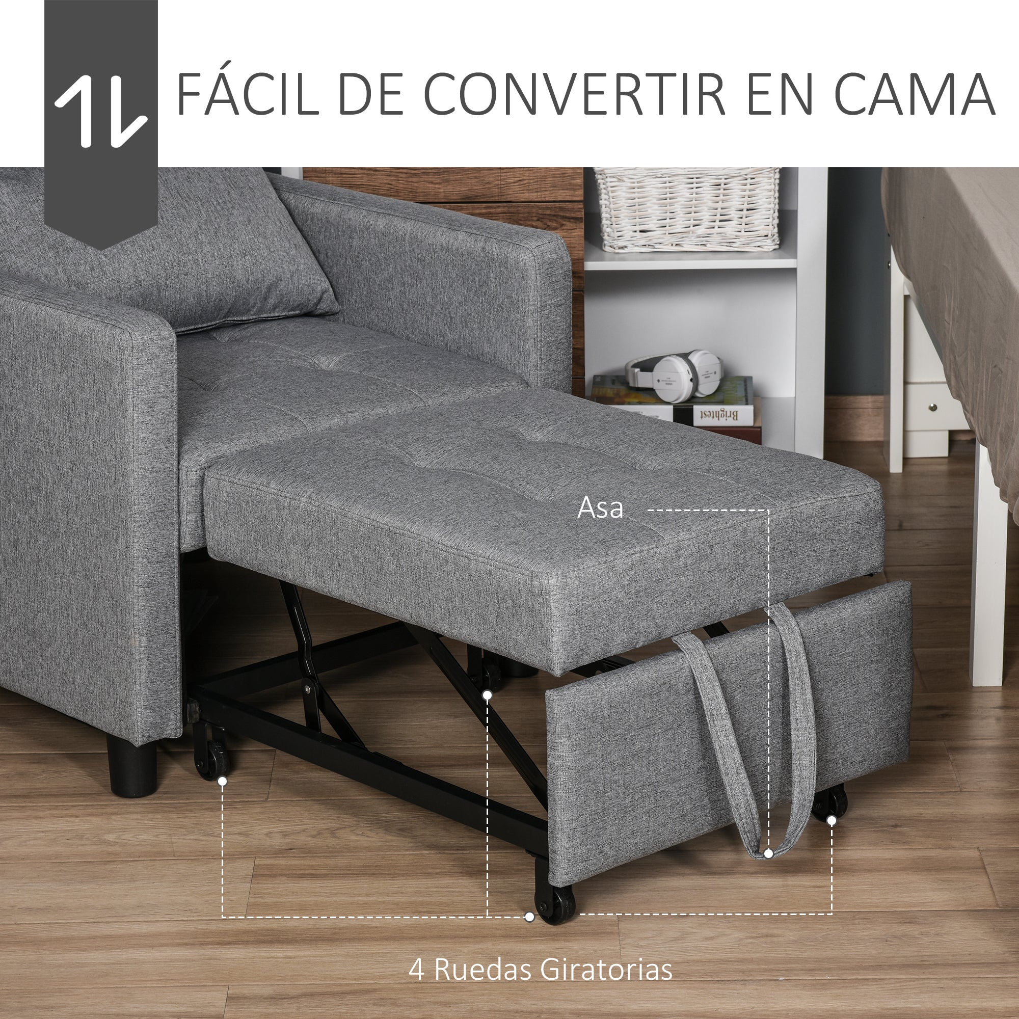 Sofá-cama Individual Cinza 69x77x84 cm - Encosto Reclinável e Almofada Removível