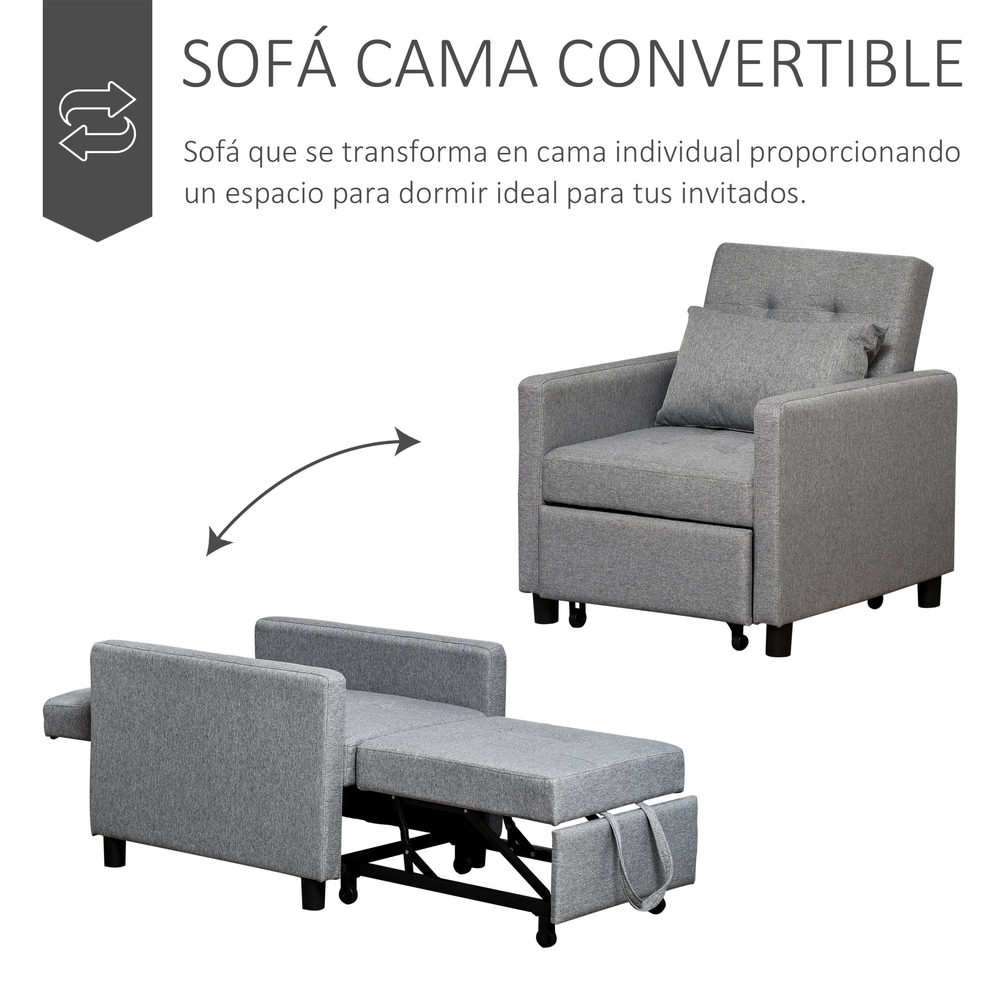 Sofá-cama Individual Cinza 69x77x84 cm - Encosto Reclinável e Almofada Removível