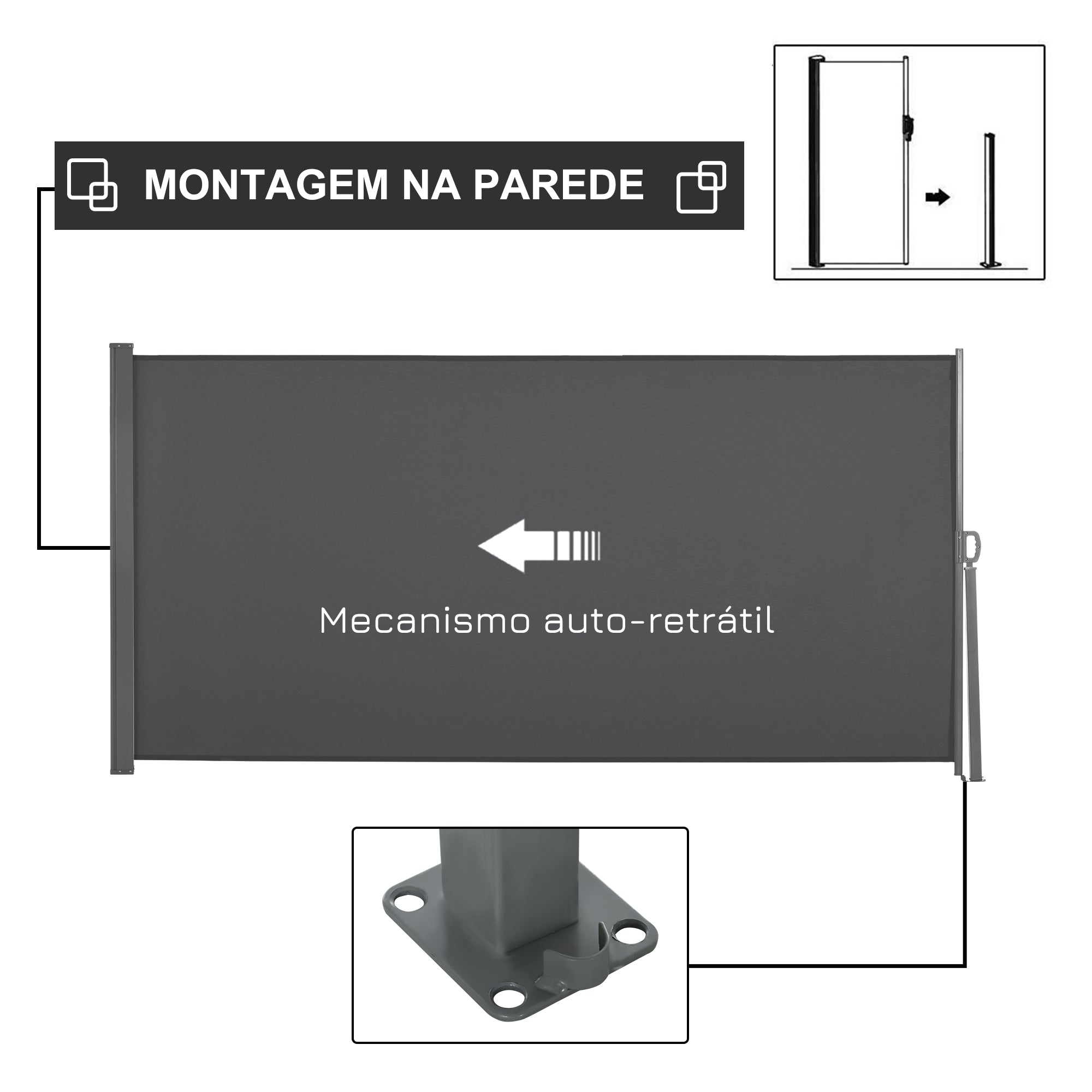 Toldo Lateral Retrátil 300x160 cm Cinza para Terraço ou Jardim