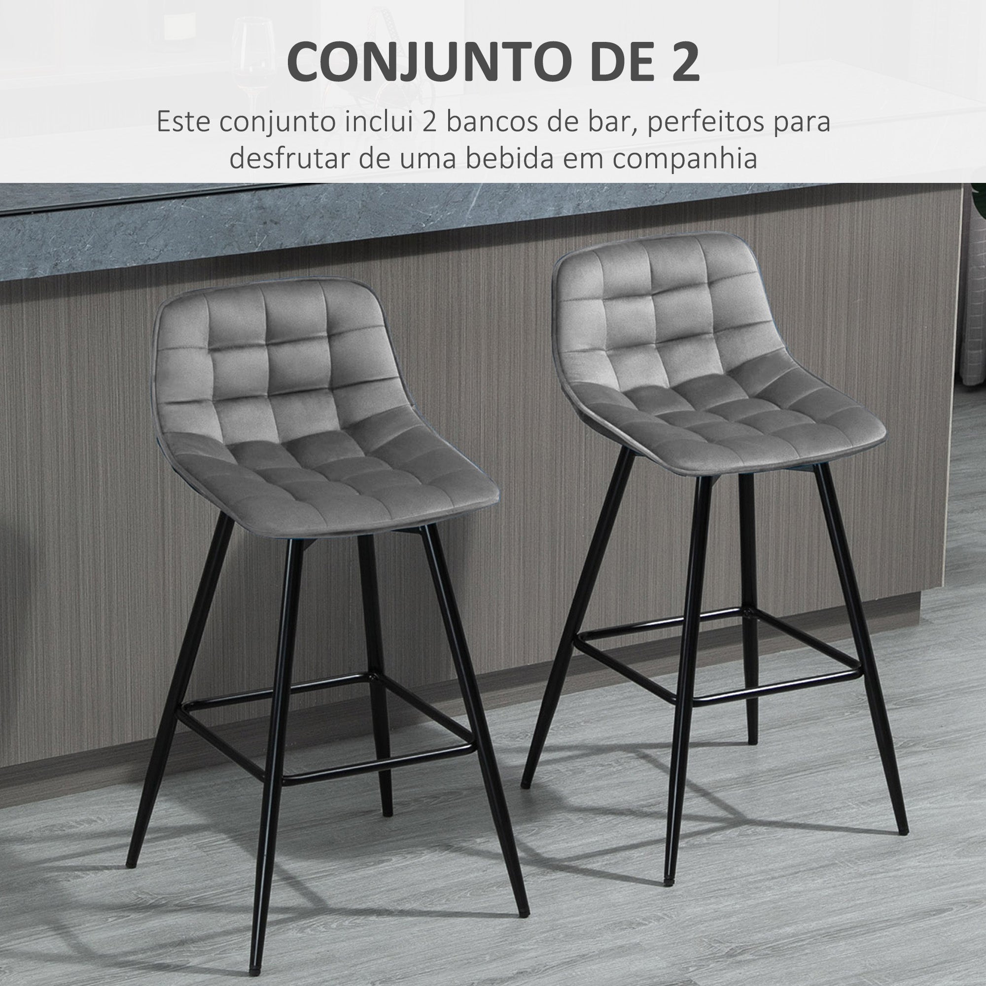 Bancos de Bar Acolchoados – 45x47x88 cm – Cinza – Poliéster e metal