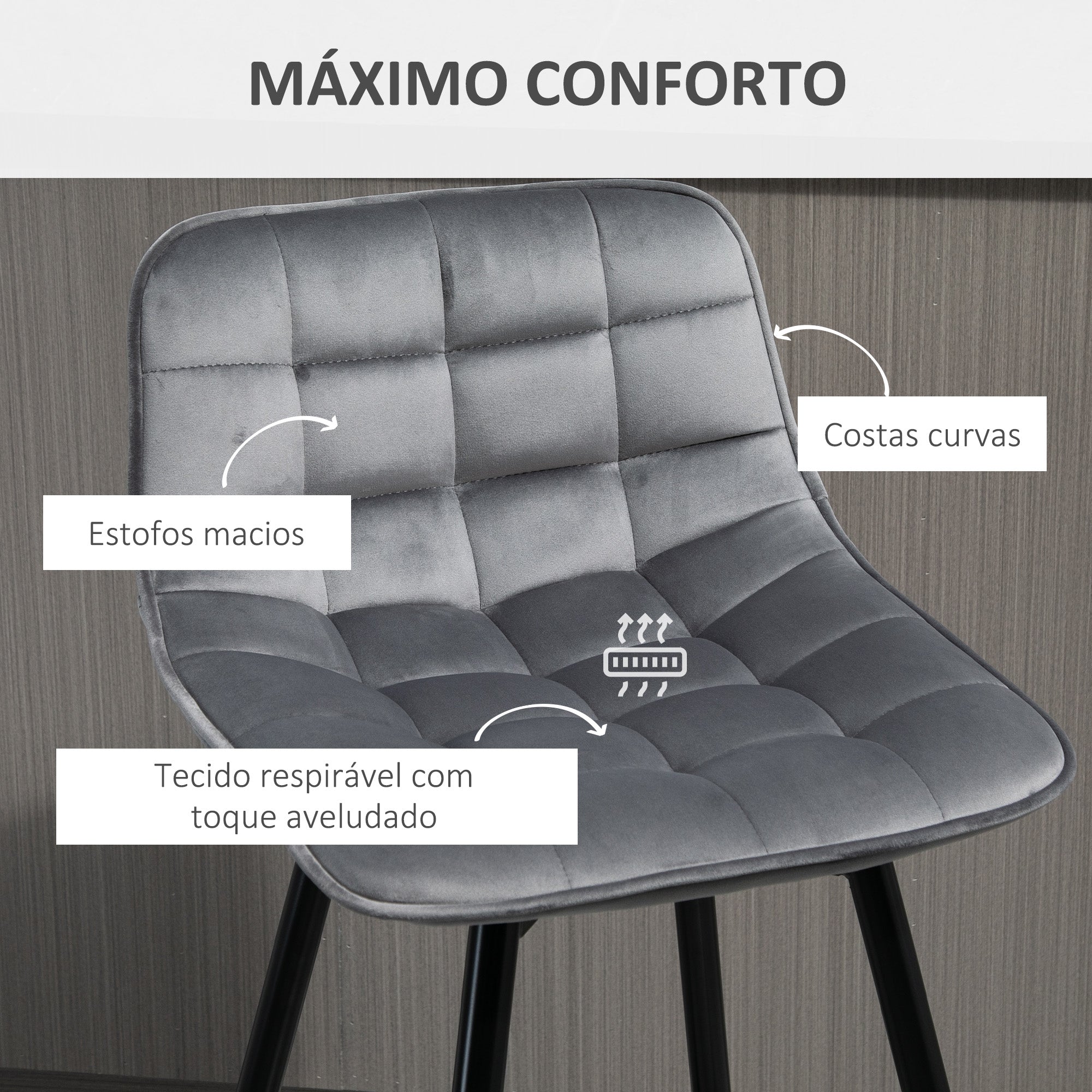 Bancos de Bar Acolchoados – 45x47x88 cm – Cinza – Poliéster e metal