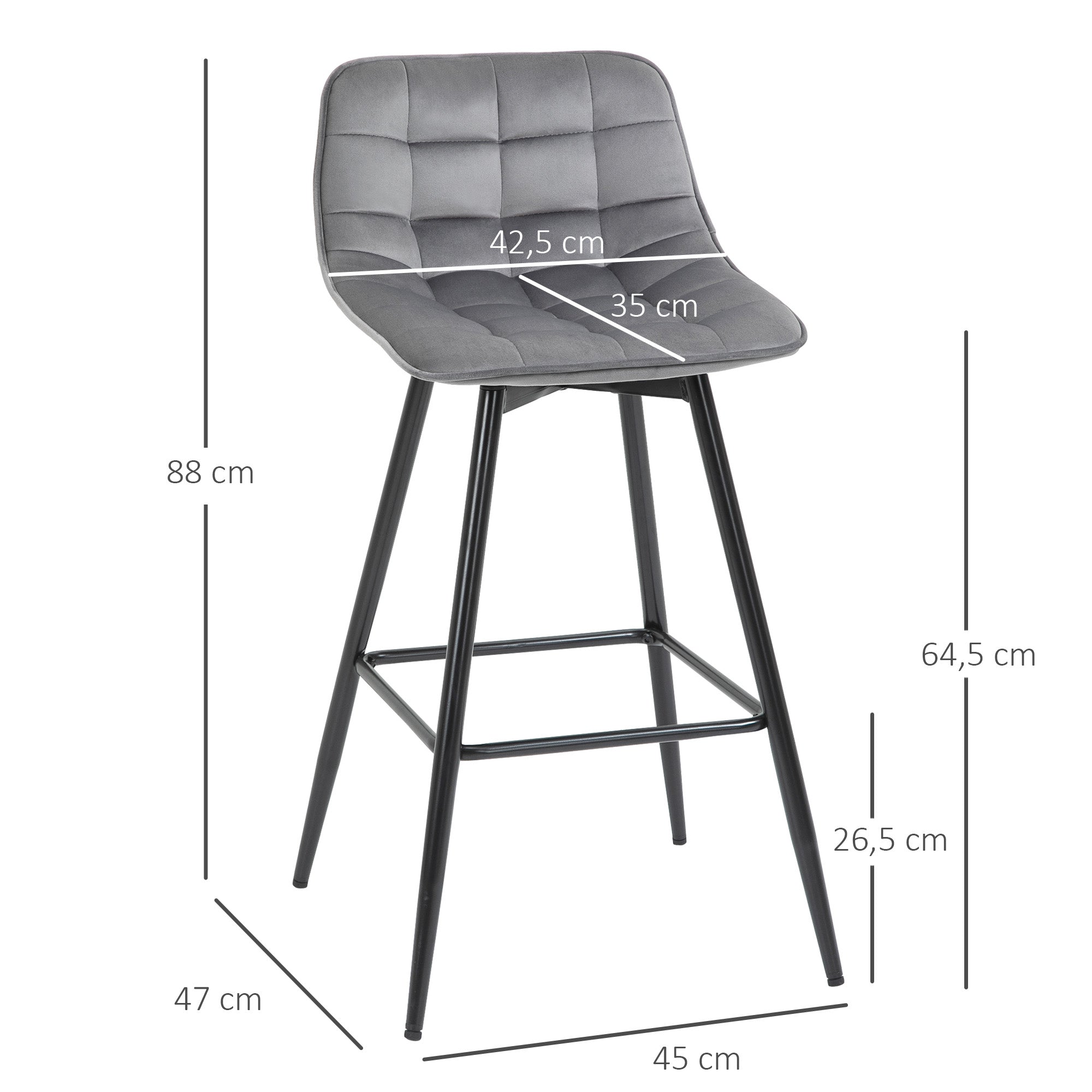 Bancos de Bar Acolchoados – 45x47x88 cm – Cinza – Poliéster e metal